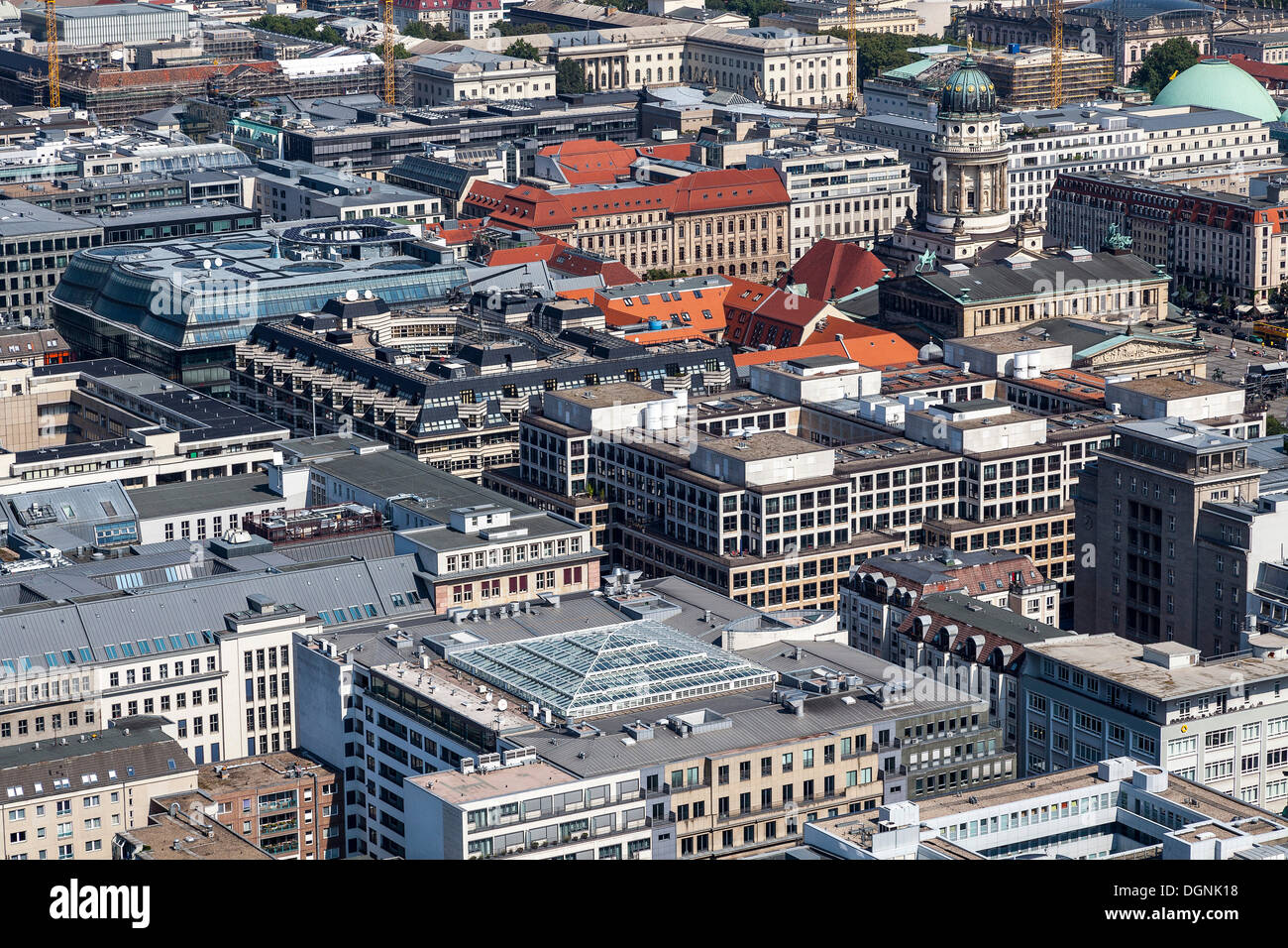 Top view of the centre of Berlin with the German and French Cathedrals on Gendarmenmarkt square, the Zeughaus, armoury building Stock Photo