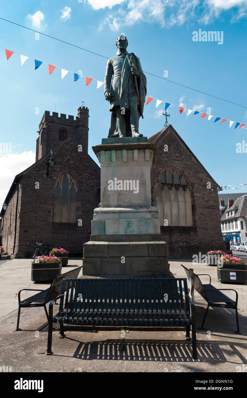 Brecon town centre in Powys Wales Duke of Wellington statue Stock Photo