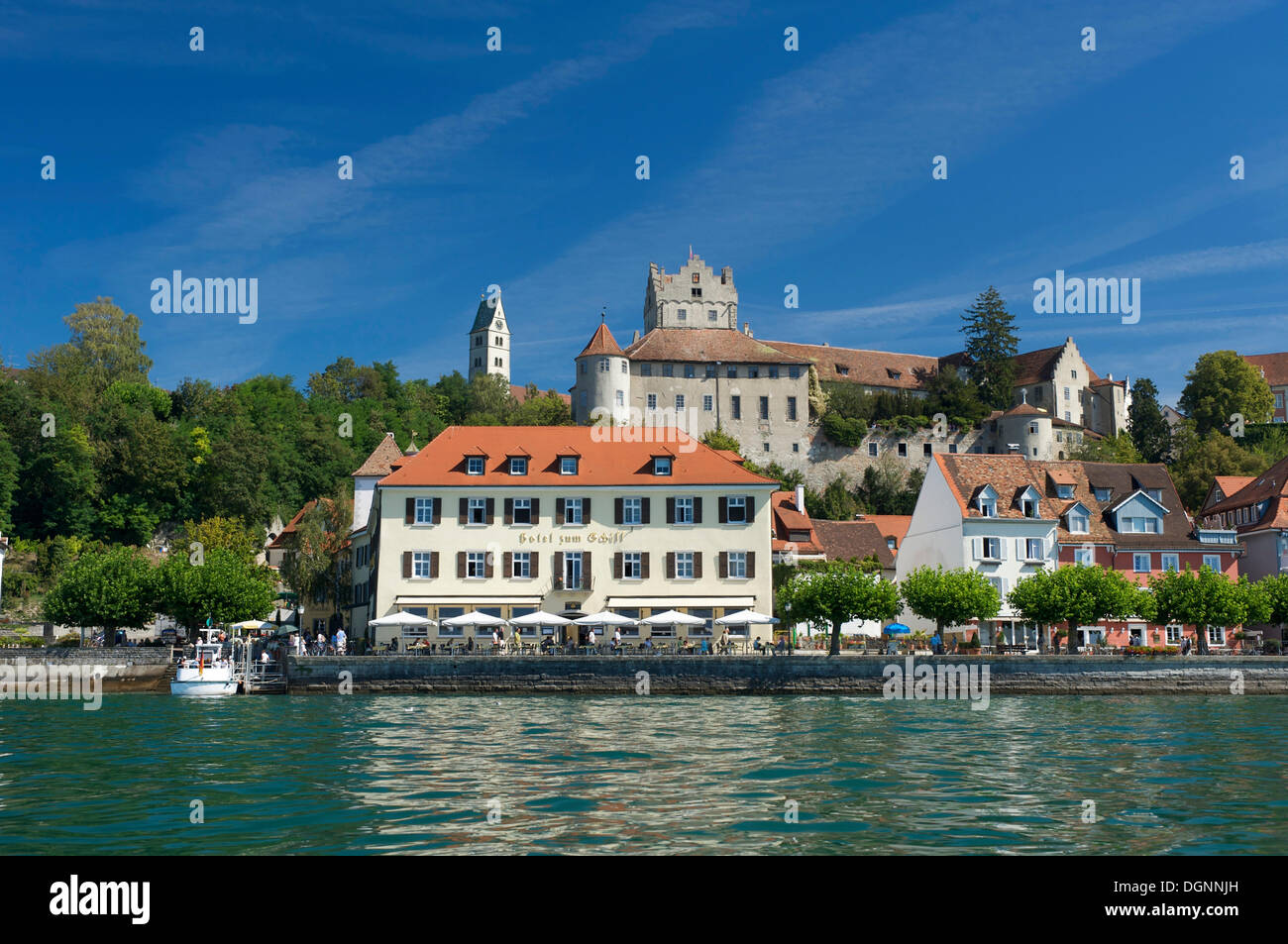City view with the Altes Schloss or Burg Meersburg castle, Meersburg, Lake Constance, Baden-Wuerttemberg Stock Photo