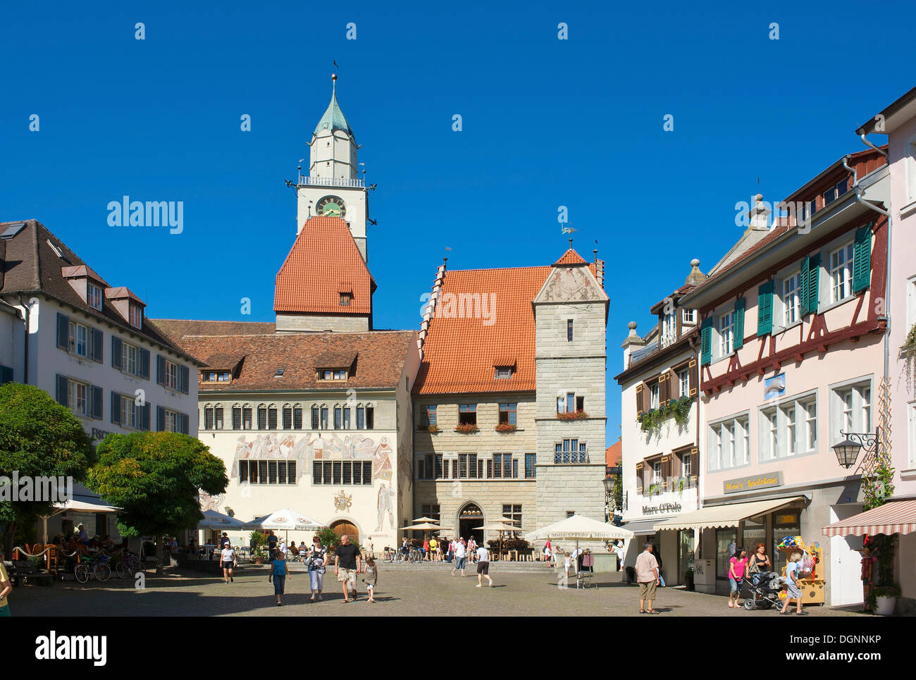 Town call and minster in Ueberlingen, Lake Constance, Baden-Wuerttemberg Stock Photo