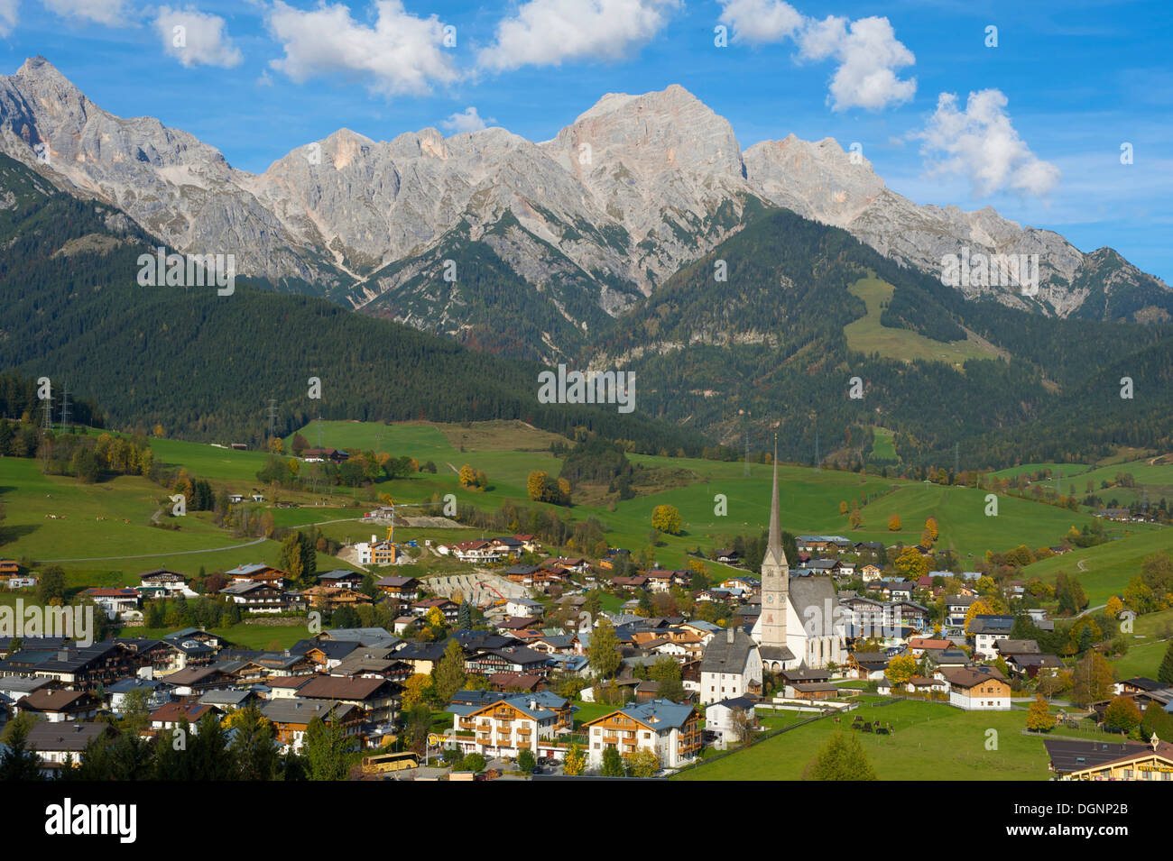 Maria Alm against the Steinernes Meer mountains in Pinzgau region, Salzburger Land, Austria, Europe Stock Photo