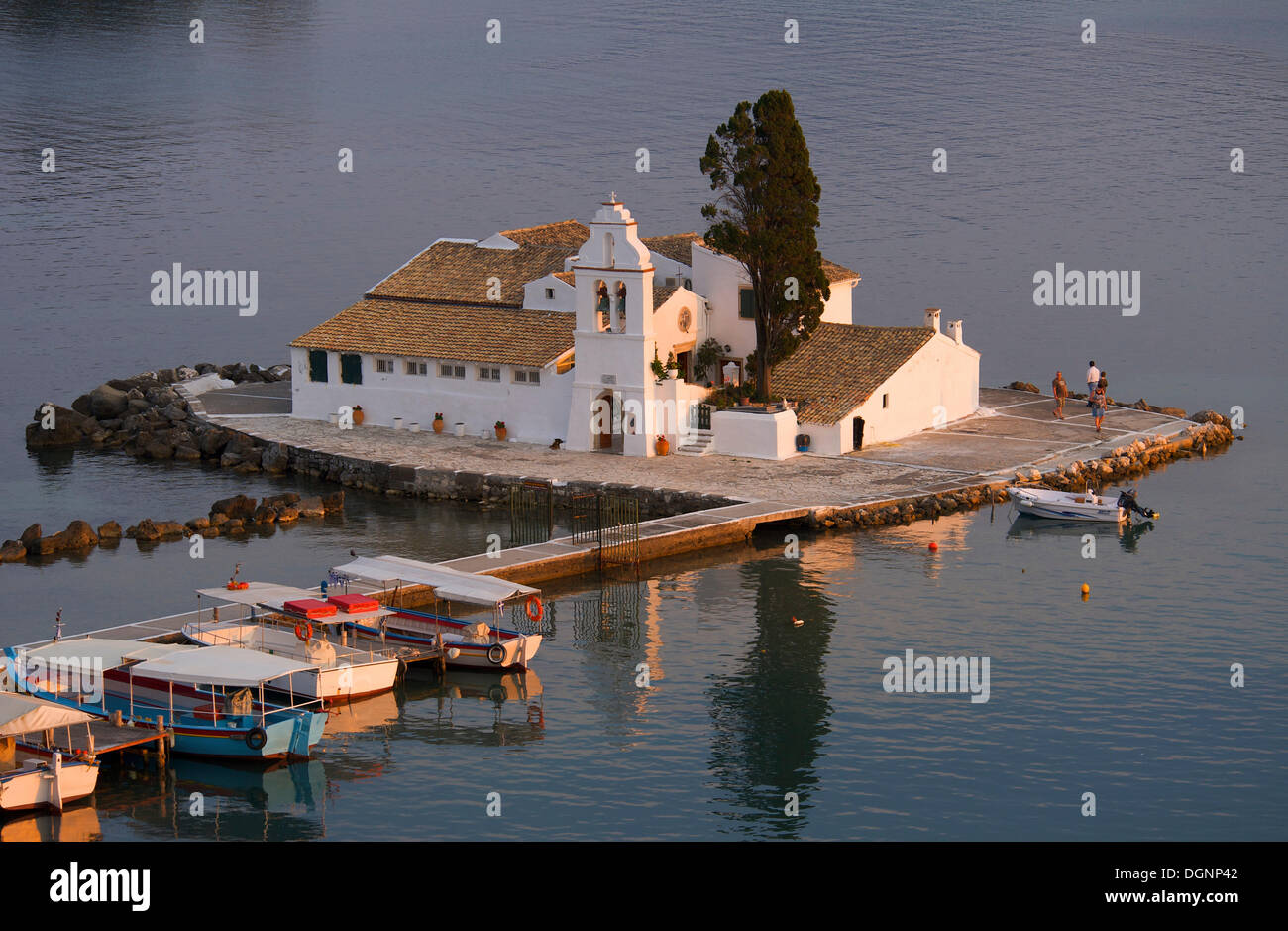 View from Kanoni to the Island of Vlacherna with a monastery, near Kerkira, Corfu, Ionian Islands, Greece, Europe Stock Photo