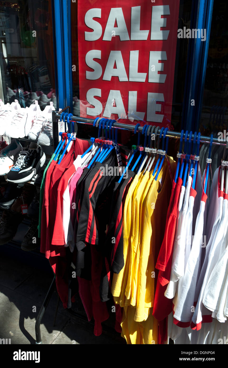 T shirts sale display outside a sports shop in Bethel Square in Brecon town centre Wales Stock Photo