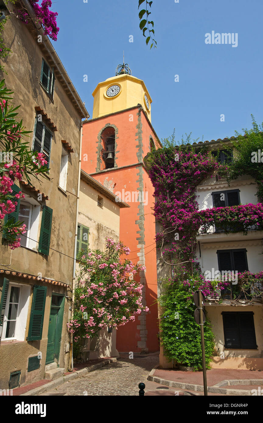 Steeple of the church of Saint Tropez in the old town, Côte d’Azur, Saint-Tropez, Département Var, Region Stock Photo