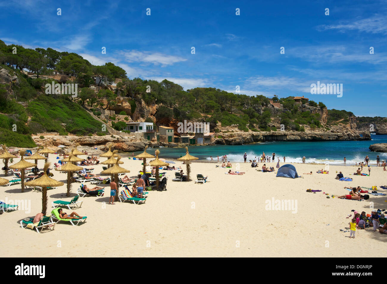 Tourists on the beach in the bay at Cala Llombards, Cala Llombards,  Santanyi, Majorca, Balearic Islands, Spain Stock Photo - Alamy