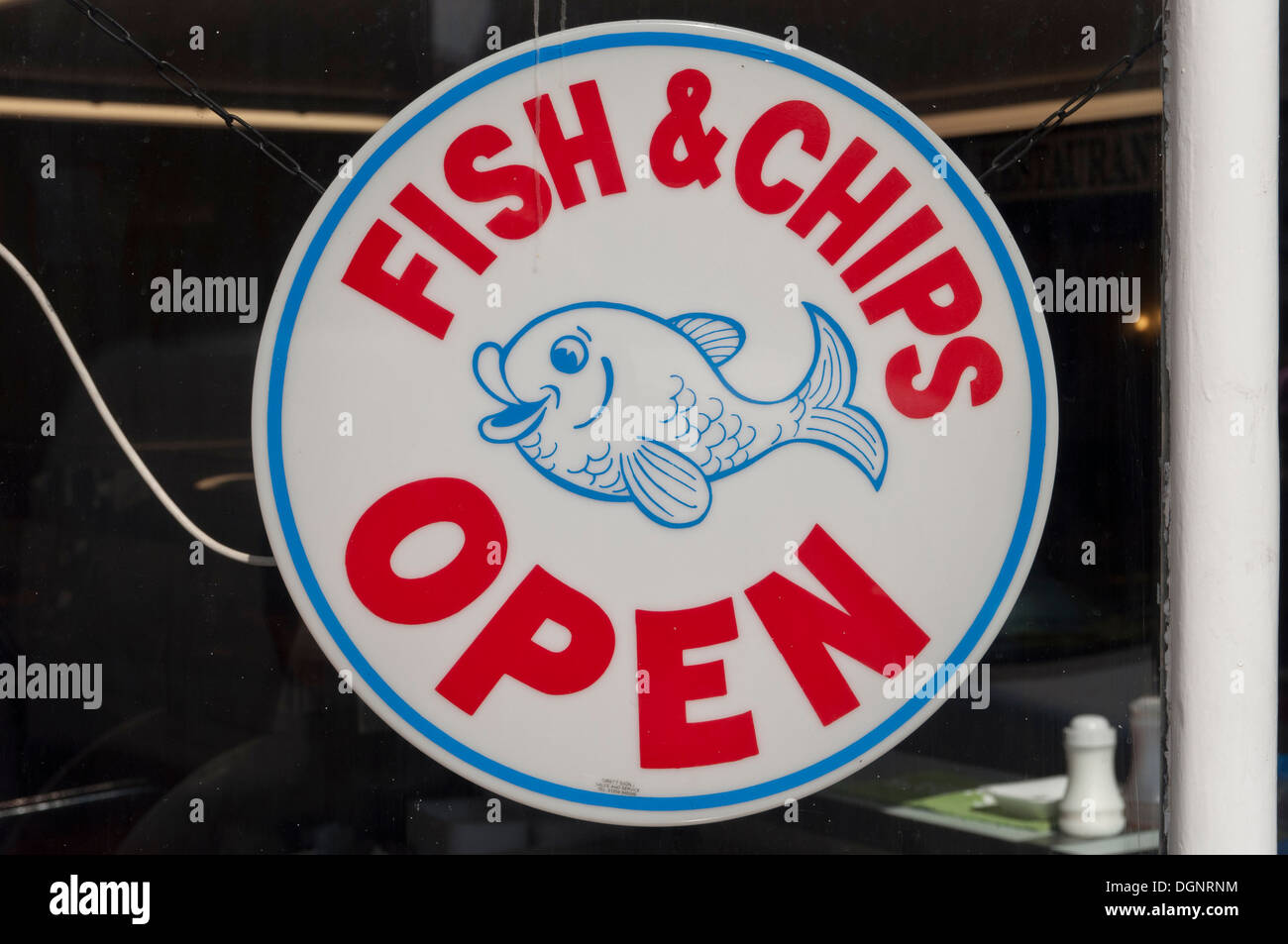 Fish and Chips open window sign Stock Photo