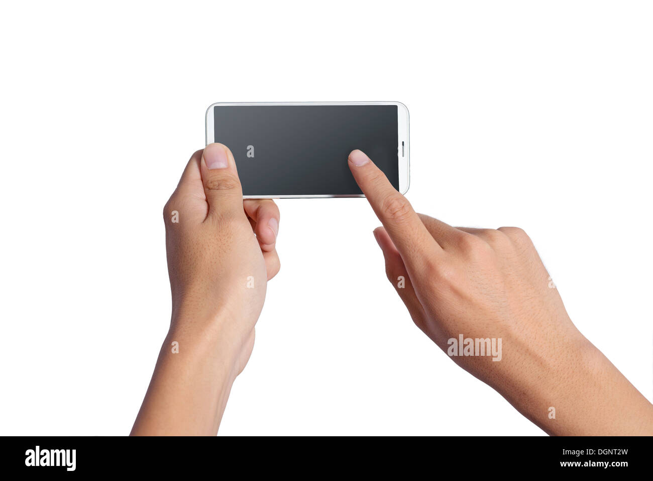 Man hand holding smart phone like phones, finger touch Stock Photo