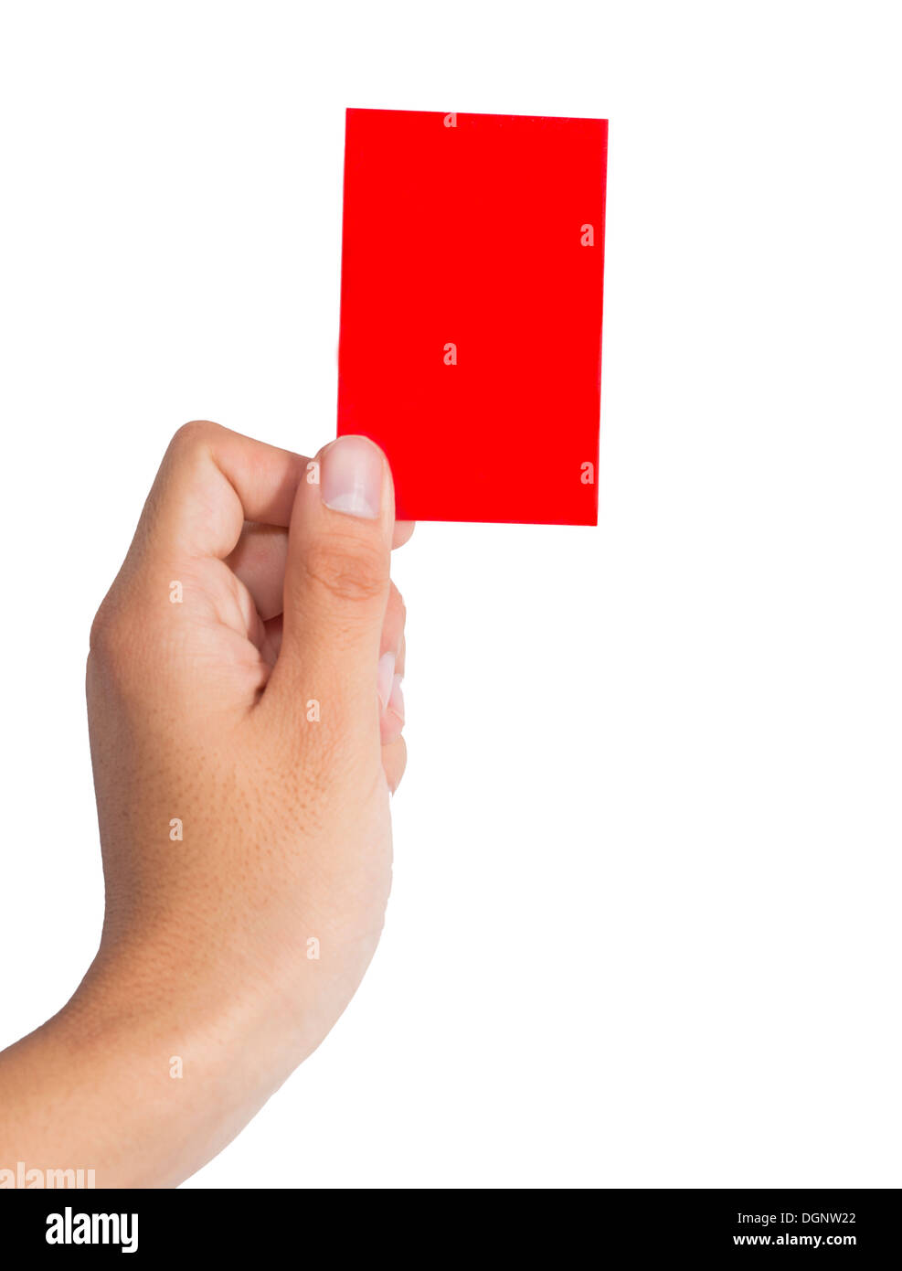 Hand holding a red card isolated on white background Stock Photo