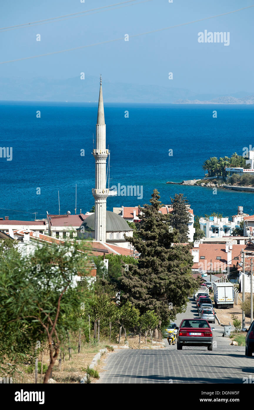 Road in Datça with a sea view and a minaret, Datça, Datca, Datca Peninsula, Mugla Province, Turkish Aegean, Turkey Stock Photo