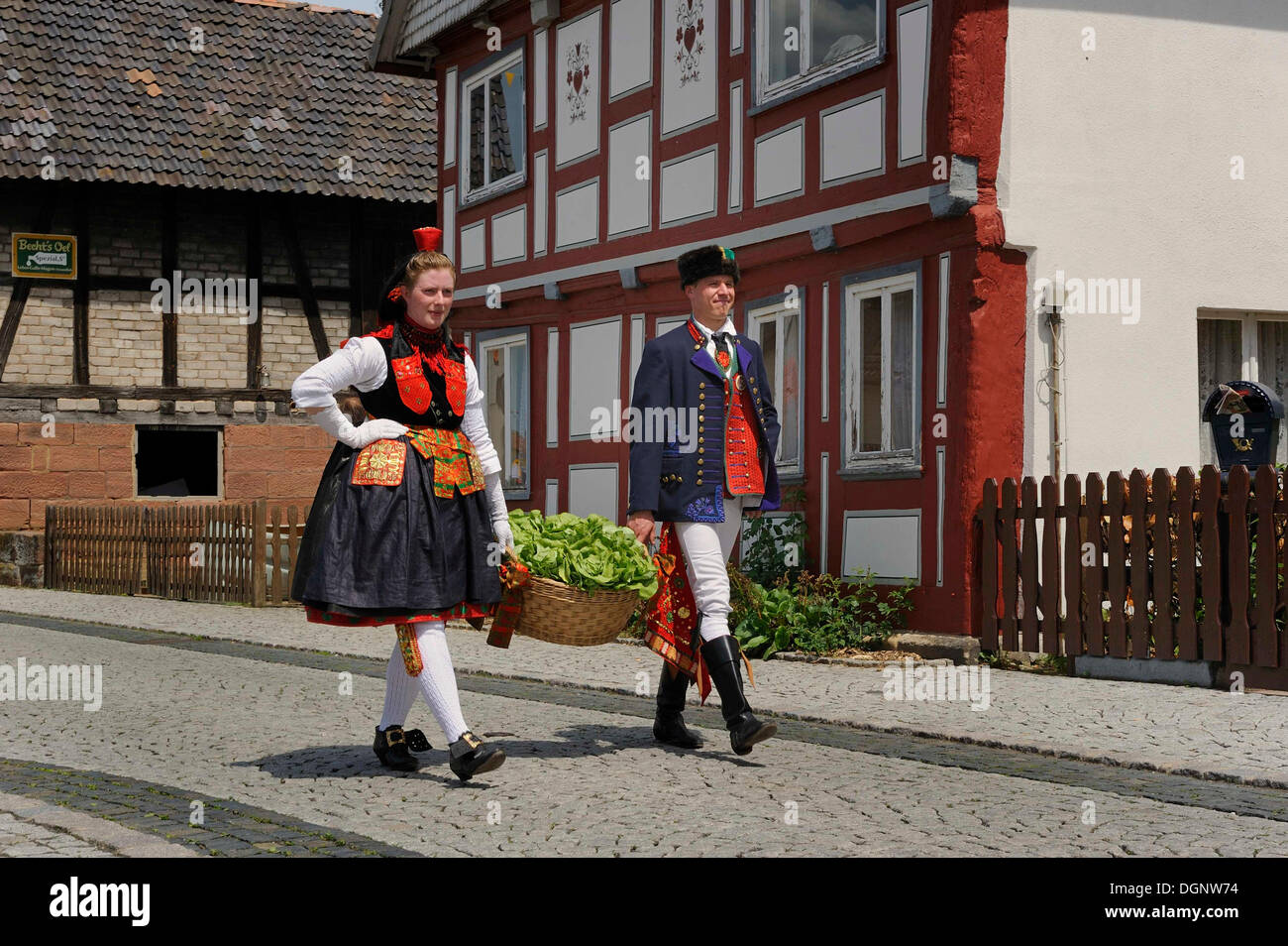 Schwalm couple wearing their traditional costume, Salatkirmes, Salad Fair, Ziegenhain, Schwalmstadt, Schwalm-Eder-Region Stock Photo