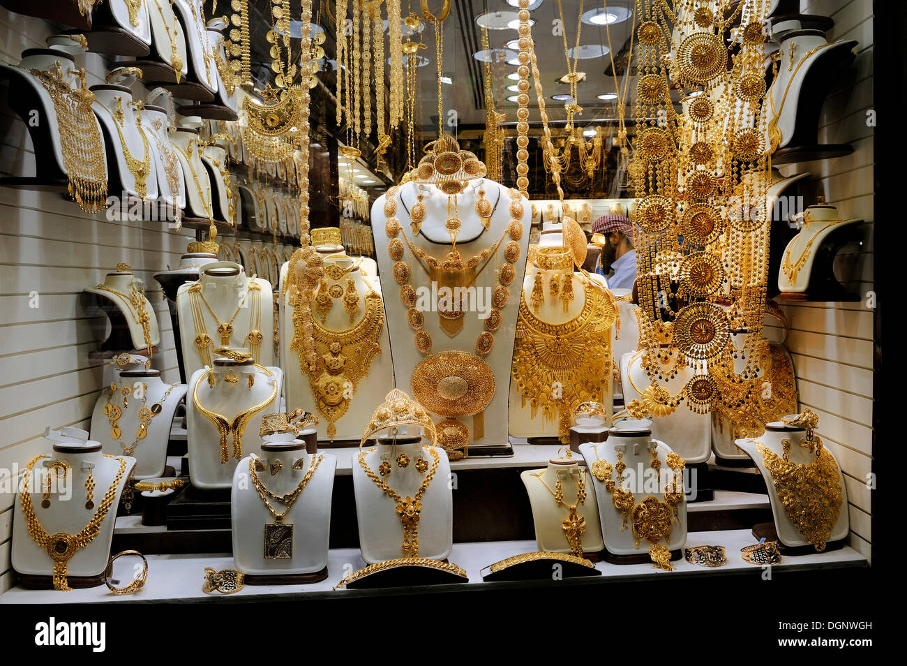 Elaborate jewellery, mainly gold, in a window display in the Deira Gold Souk, Dubai, Emirates, Arabian Peninsula, Middle East Stock Photo