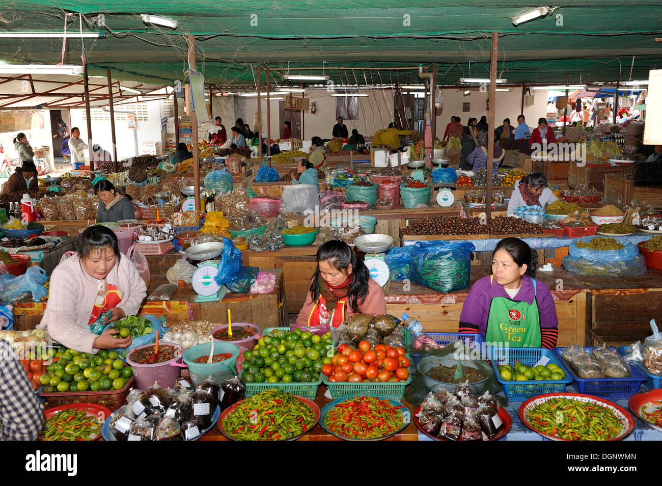 Weekly market in a market hall in the town of Phansavan, Laos, Southeast Asia Stock Photo