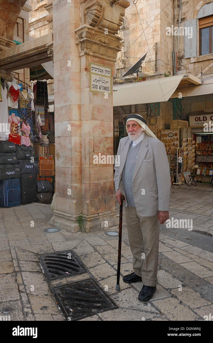80-year-old Palestinian man at the Muristan, Christian Quarter, Jerusalem, Israel, Western Asia, Middle East Stock Photo