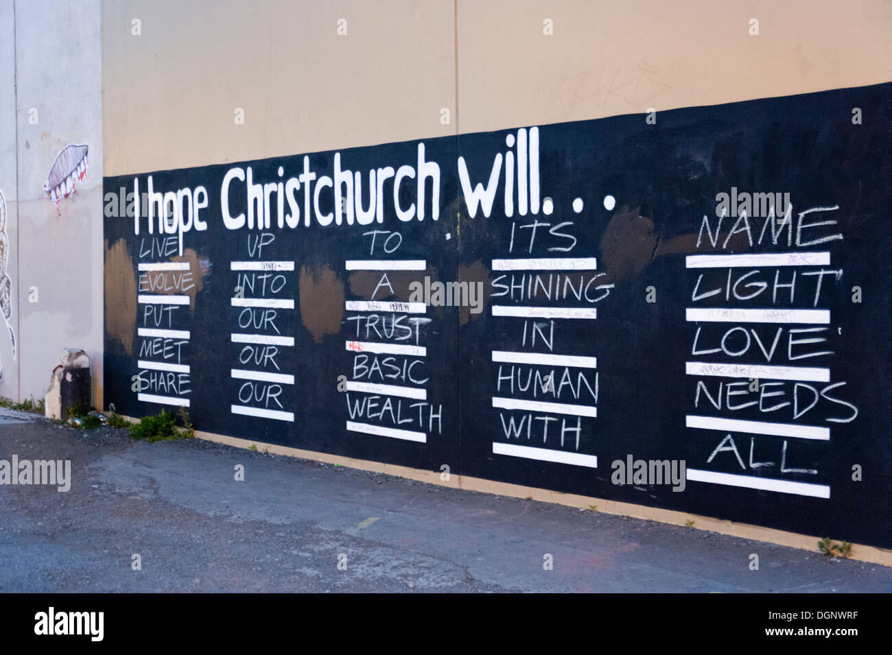 Christchurch, New Zealand, 2013. Local hopes and aspirations for the rebirth of the city after the earthquake, inscribed on wall Stock Photo