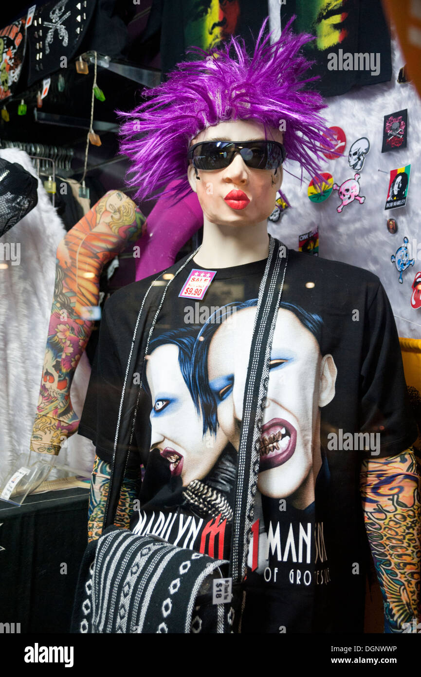 Whakatane, New Zealand. Youth fashion, including Marilyn Manson tee shirt, on display in shop window. Stock Photo