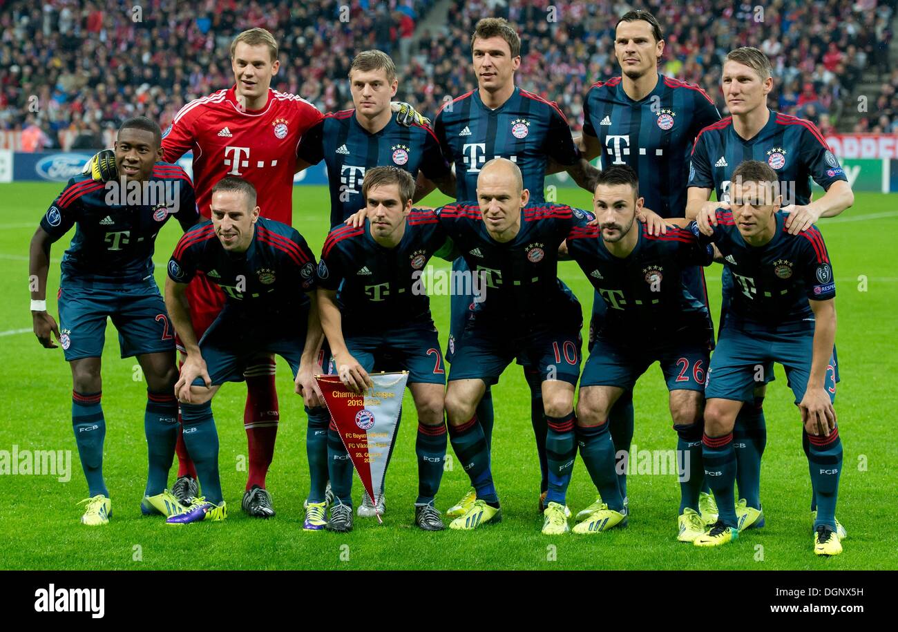 Munich, Germany. 23rd Oct, 2013. Munich's David Alaba (B, L-R), Manuel  Neuer, Toni Kroos, Mario Mandzukic, Daniel van Buyten, Bastian  Schweinsteiger, Franck Ribery (F, L-R), Philipp Lahm, Arjen Robben, Diego  Contento and