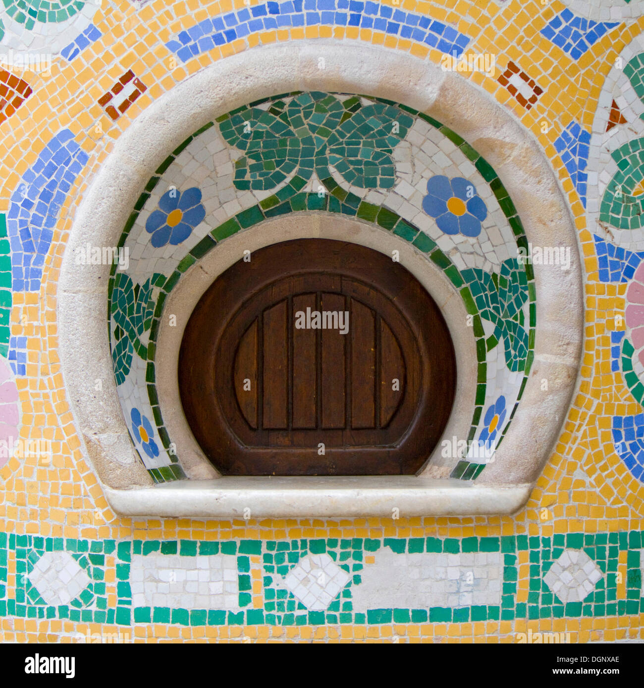 Mosaic on the facade of the Palau de la Musica Catalana concert hall, UNESCO World Heritage Site, Barcelona, Catalonia, Spain Stock Photo