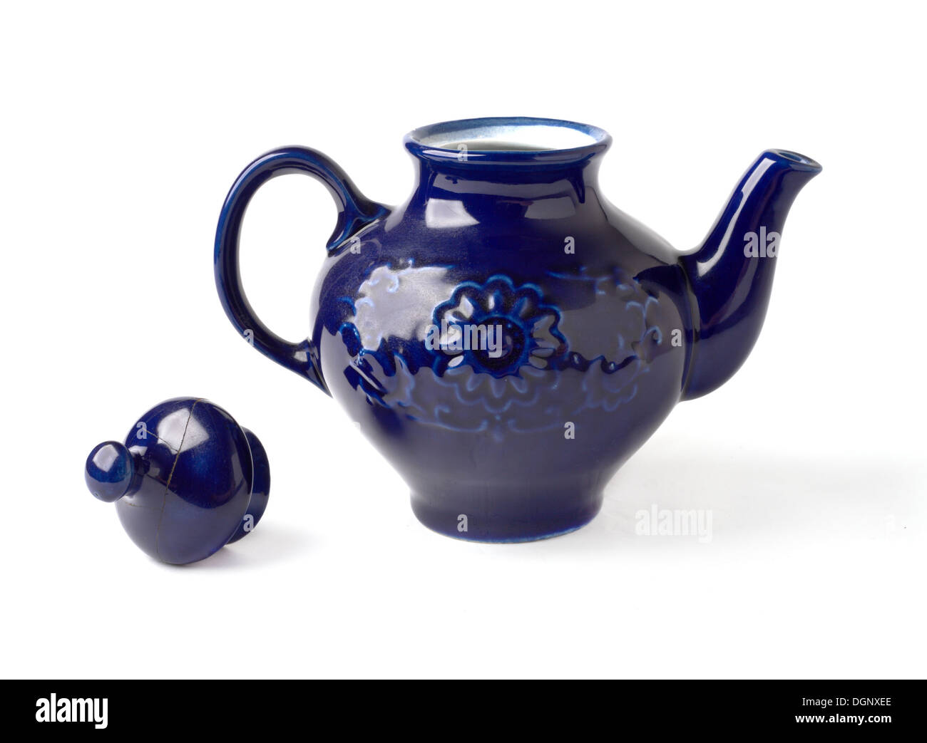 antique porcelain teapot blue on white background Stock Photo