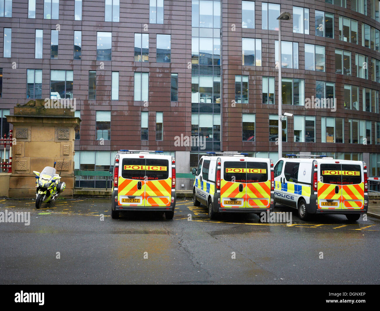 British transport police vans and motorbike parked outside Piccadilly railway station in Manchester UK Stock Photo