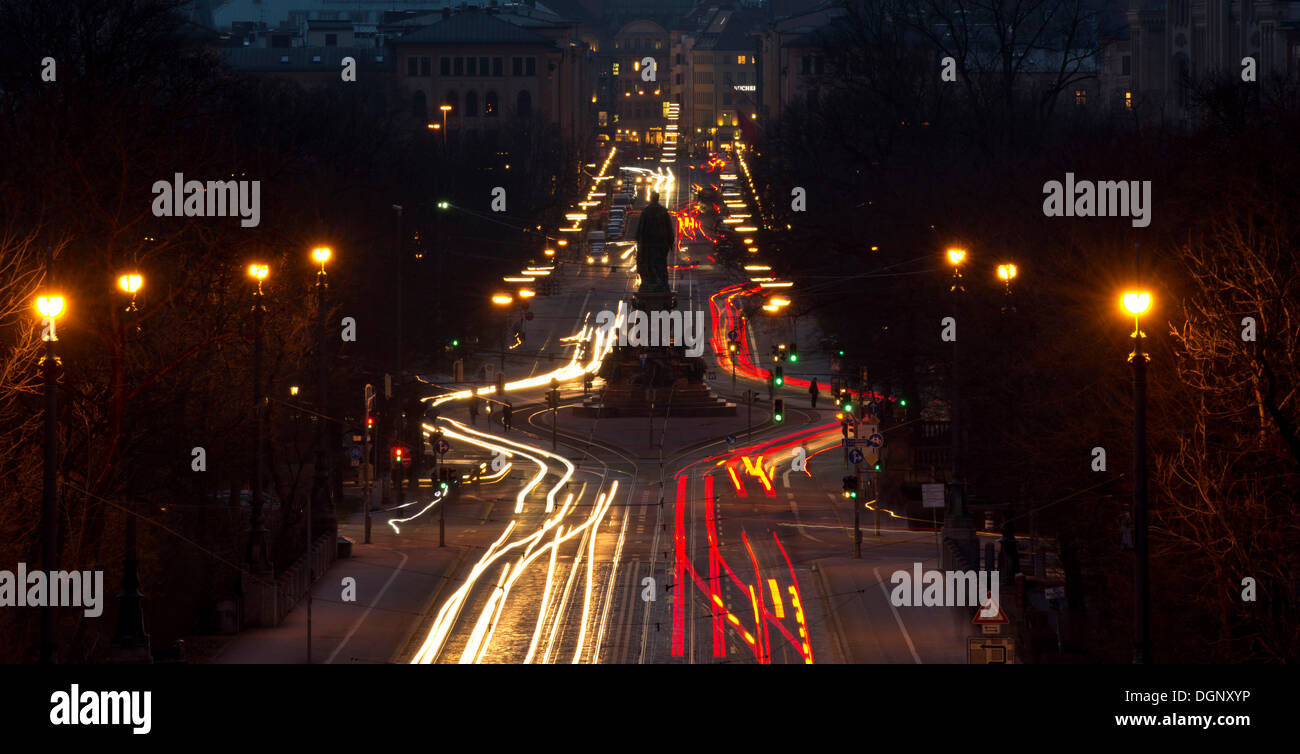 Car light trails at the Max II monument or Maxmonument, Munich, Upper Bavaria, Bavaria, Germany Stock Photo