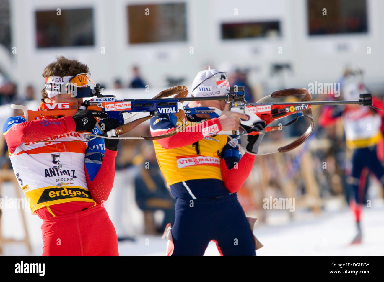 Biathlon World Cup, winners standing at the shooting range, Antholz,  province of Bolzano-Bozen, Italy, Europe Stock Photo - Alamy