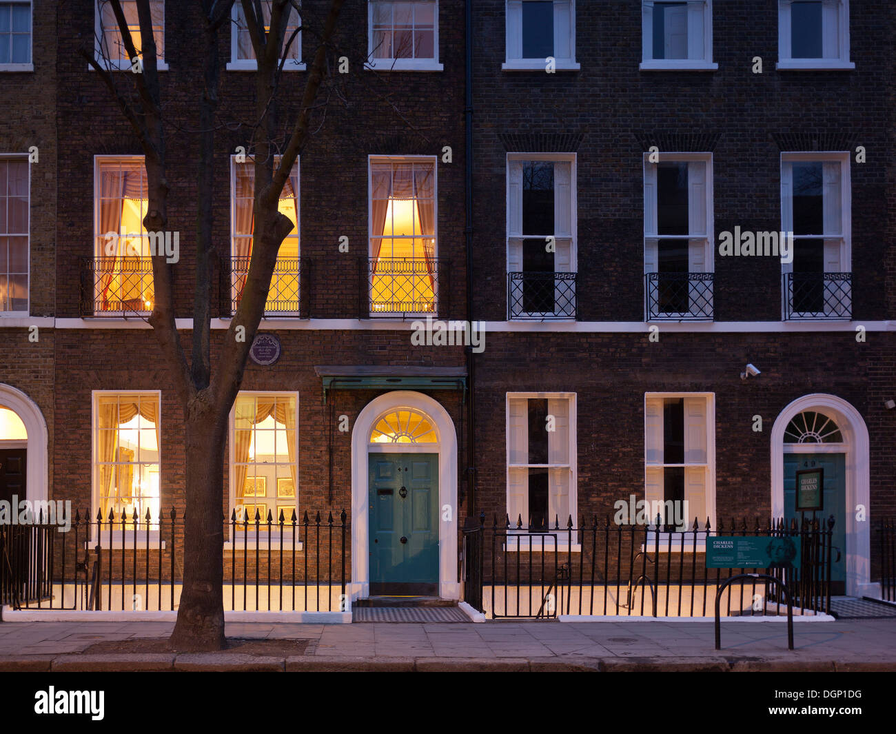 Charles Dickens Museum, London, United Kingdom. Architect: Purcell UK, 2012. Front elevation of Georgian terrace at dusk. Stock Photo