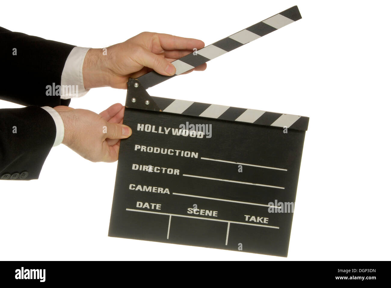 Businessman holding a clapperboard Stock Photo