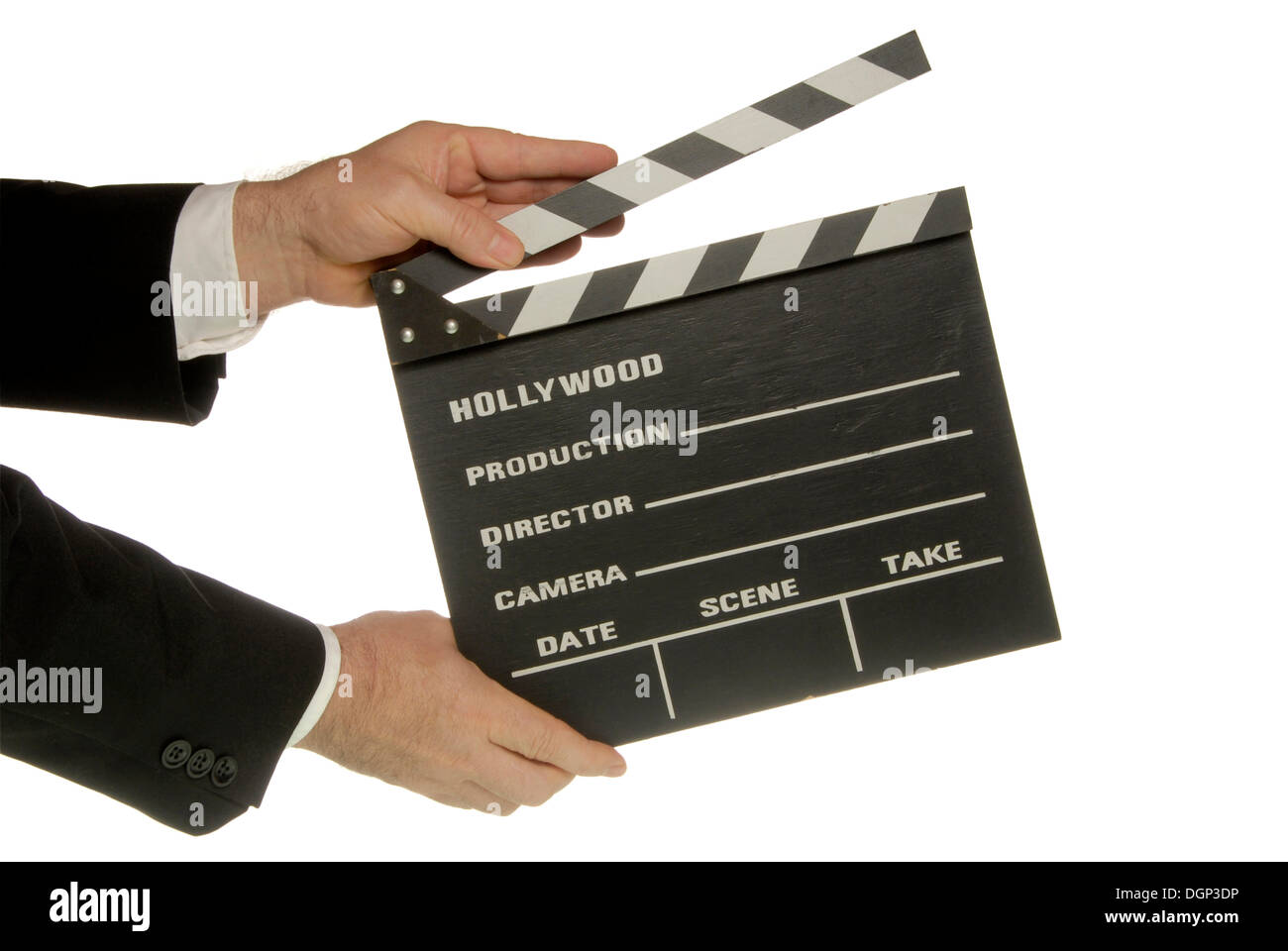Businessman holding a clapperboard Stock Photo