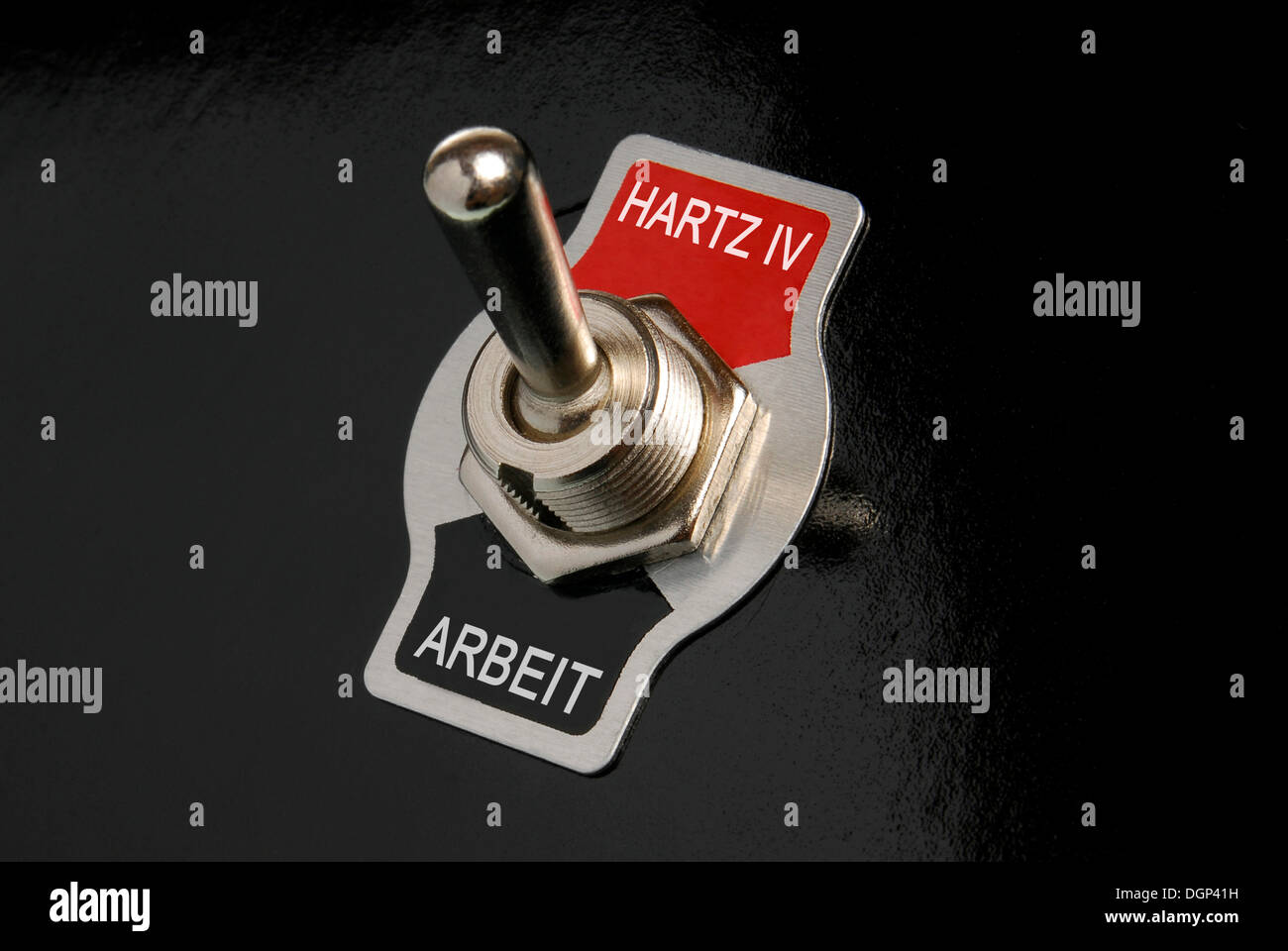 Toggle switch, labelled Arbeit and Hartz IV, German for work and unemployment benefits, symbolic image Stock Photo