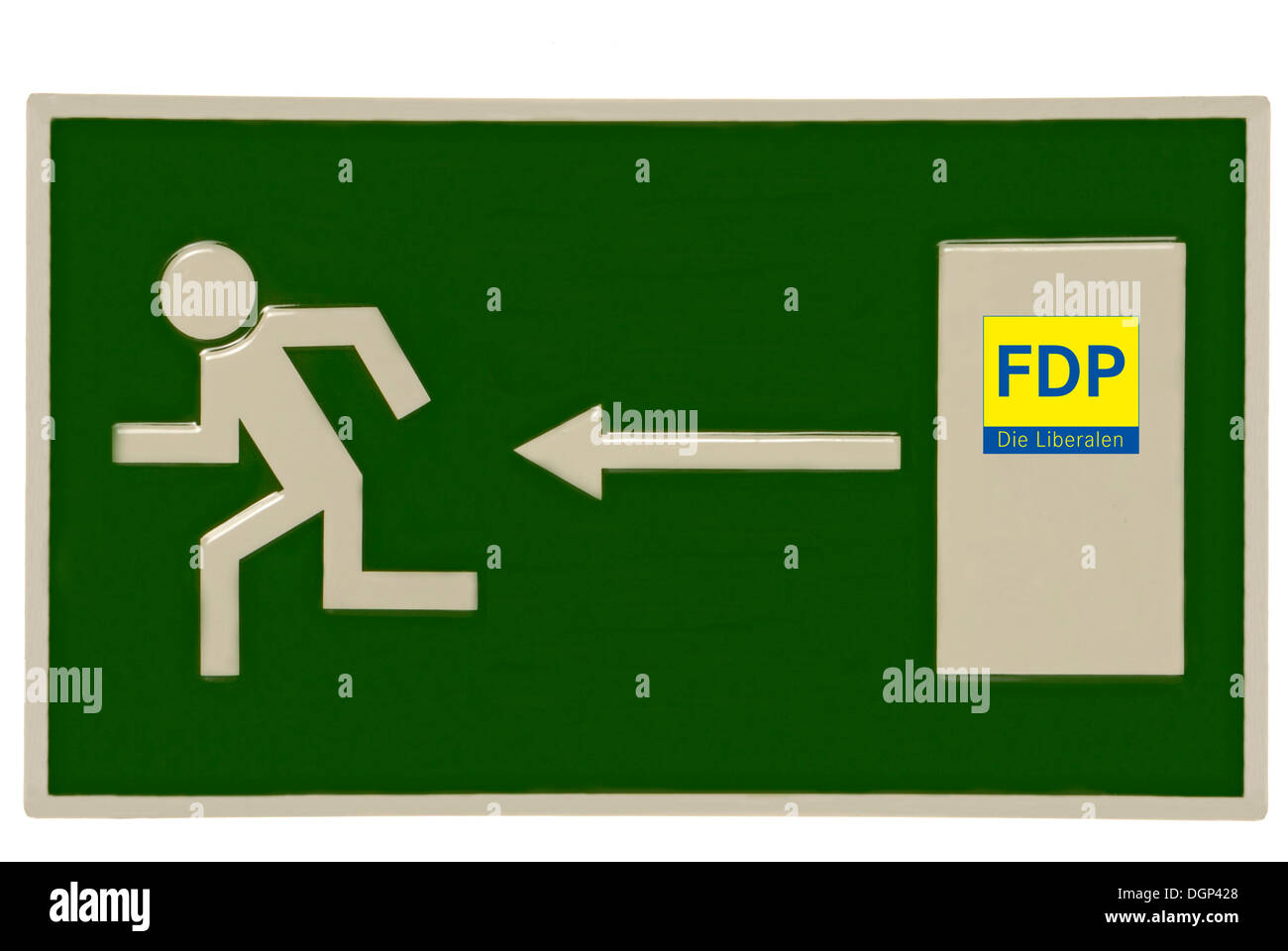 Emergency exit sign with FDP logo on the door, symbolic image for loss of membership in the FDP Stock Photo