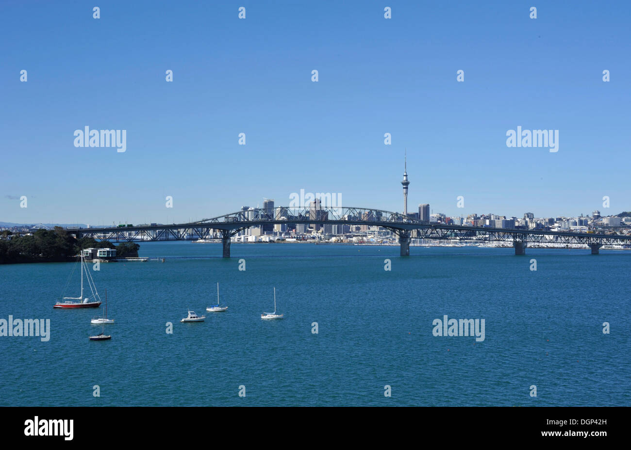 View from Birkenhead on Harbour Bridge and skyline with Skytower