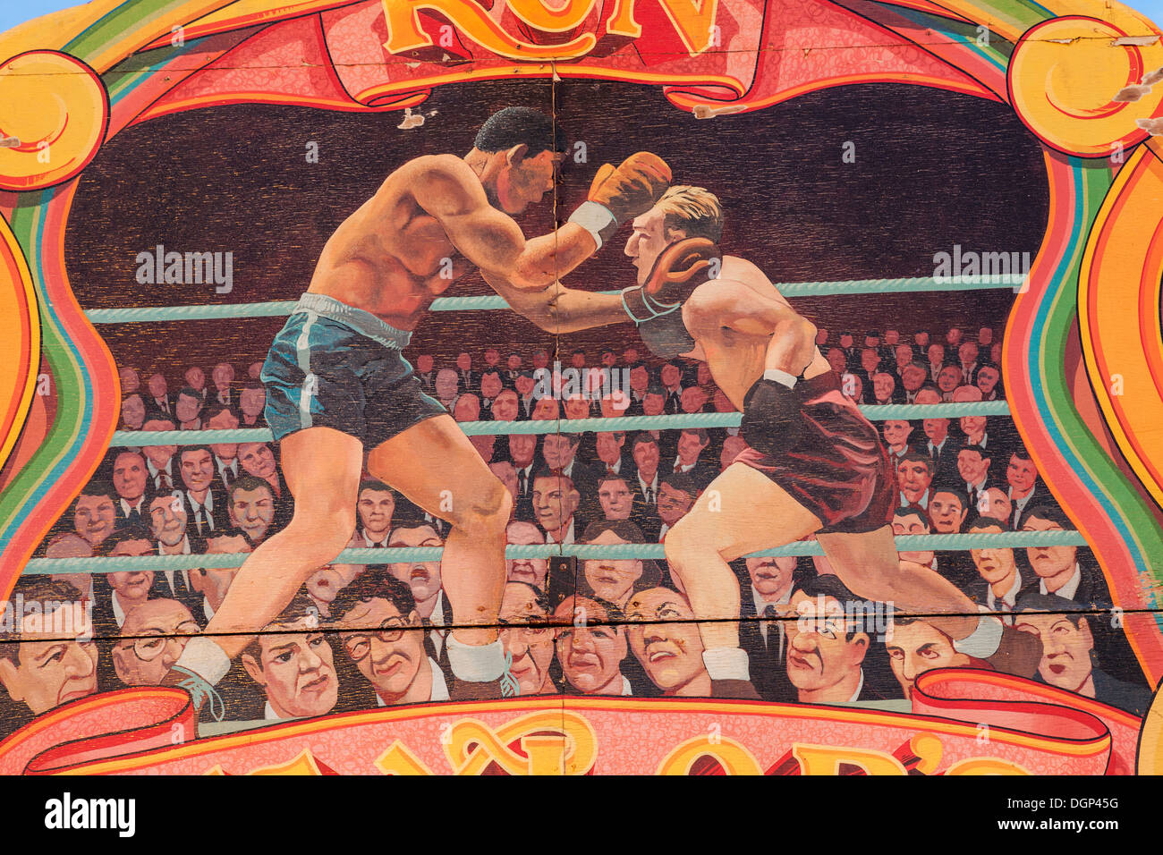England, Devon, Dingles Fairground Heritage Centre, Fairground Boxing Ring Panel Artwork Stock Photo