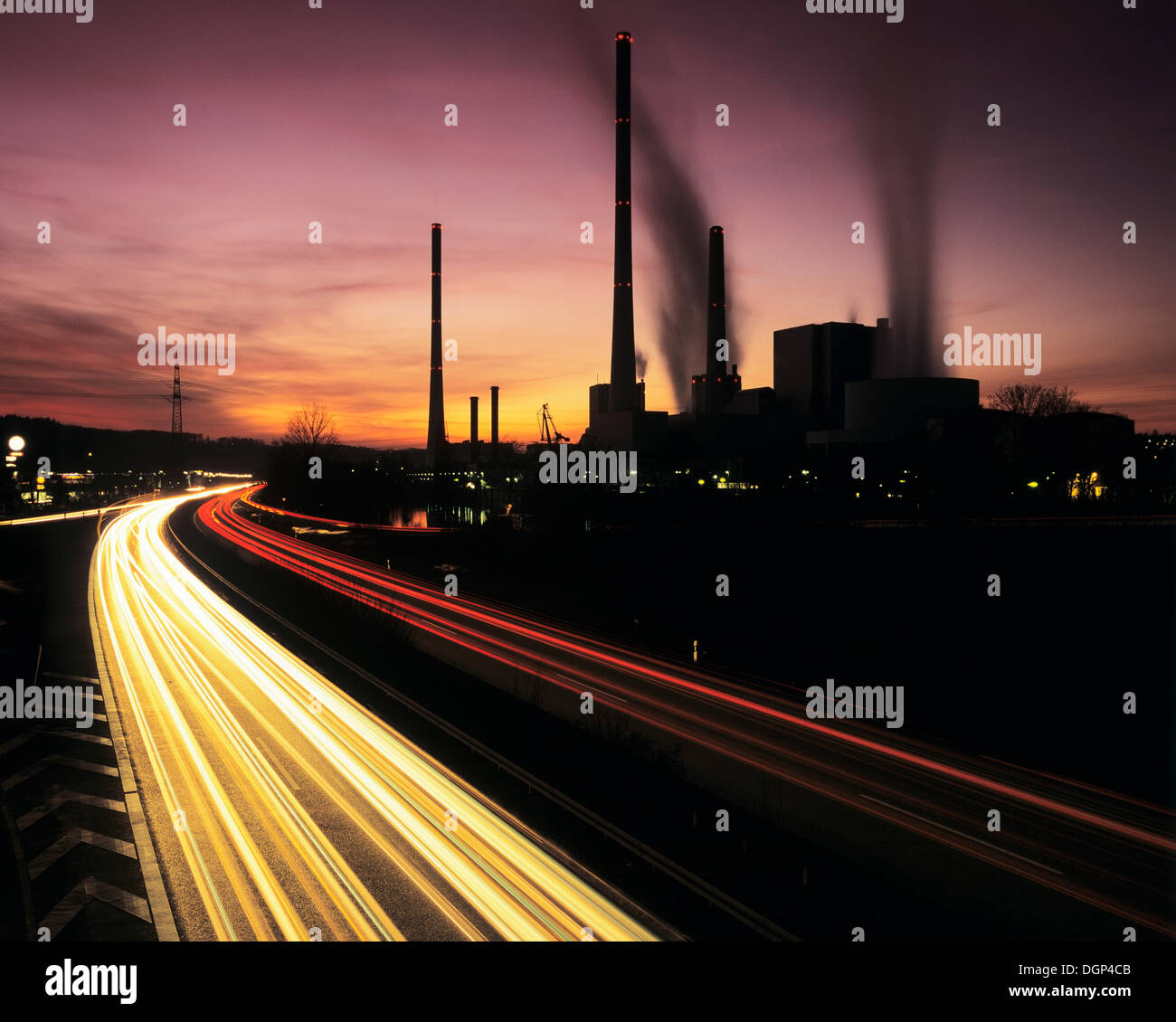 Electricity plant, highway, time exposure, Baden-Wuerttemberg Stock Photo