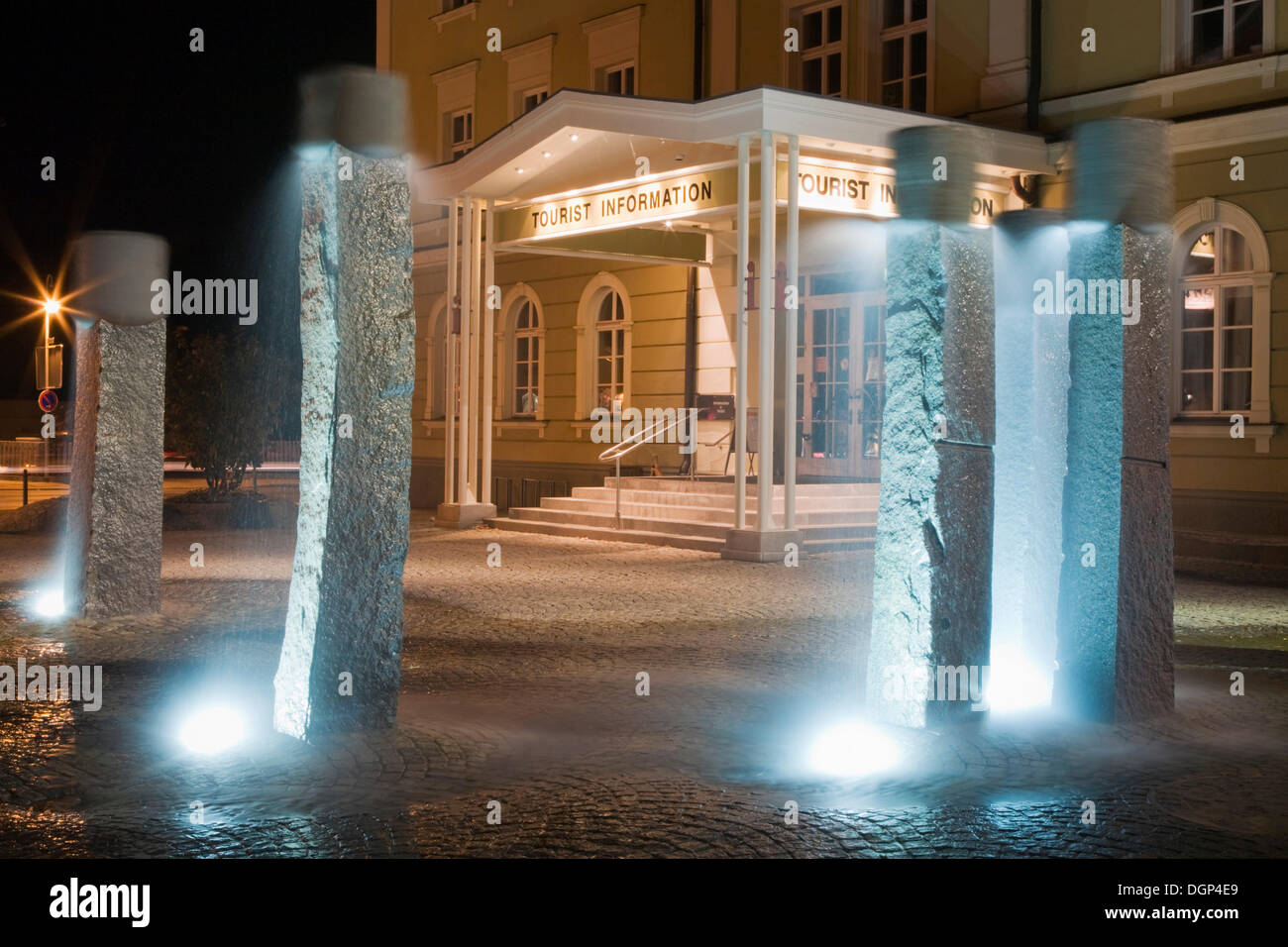 Fountains in front of the tourist information center in Fuessen, Ostallgaeu, Bavaria Stock Photo