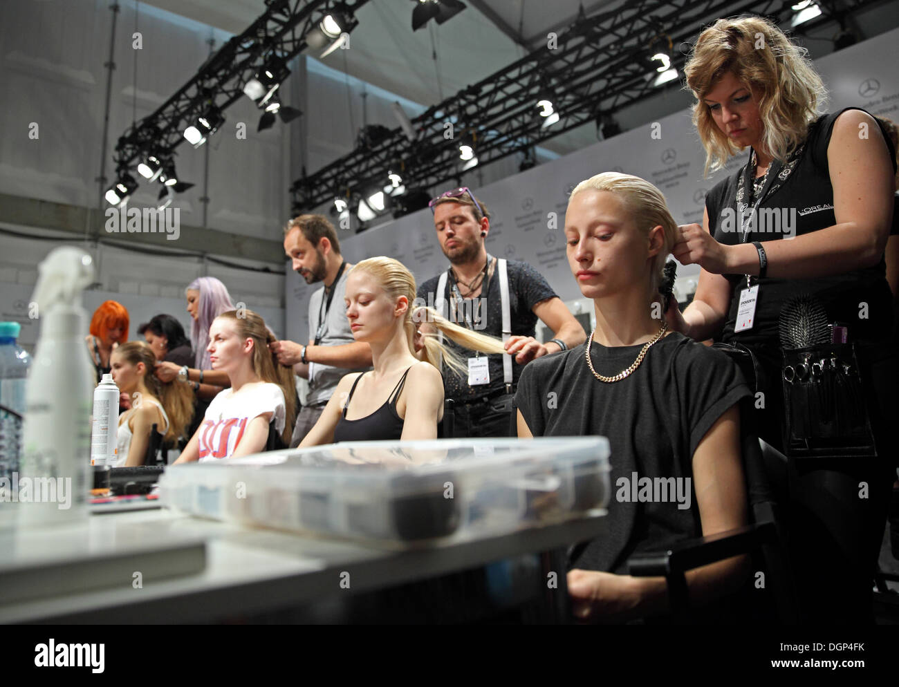 Berlin, Germany, hair styling of the models at Fashion Week Stock Photo