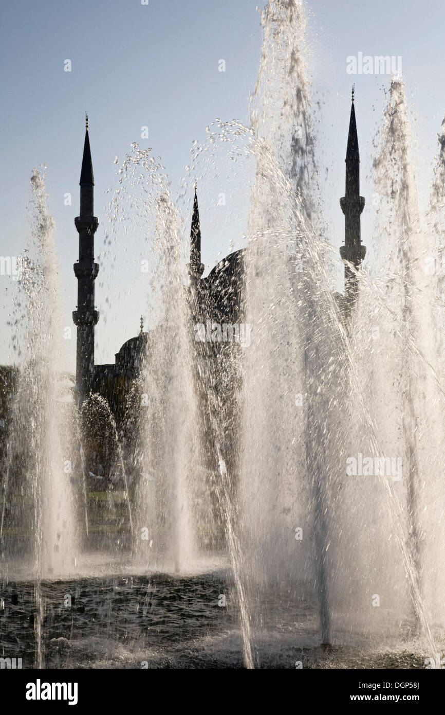 Silhouette of the Blue Mosque, Sultan Ahmet Mosque, behind a water ...