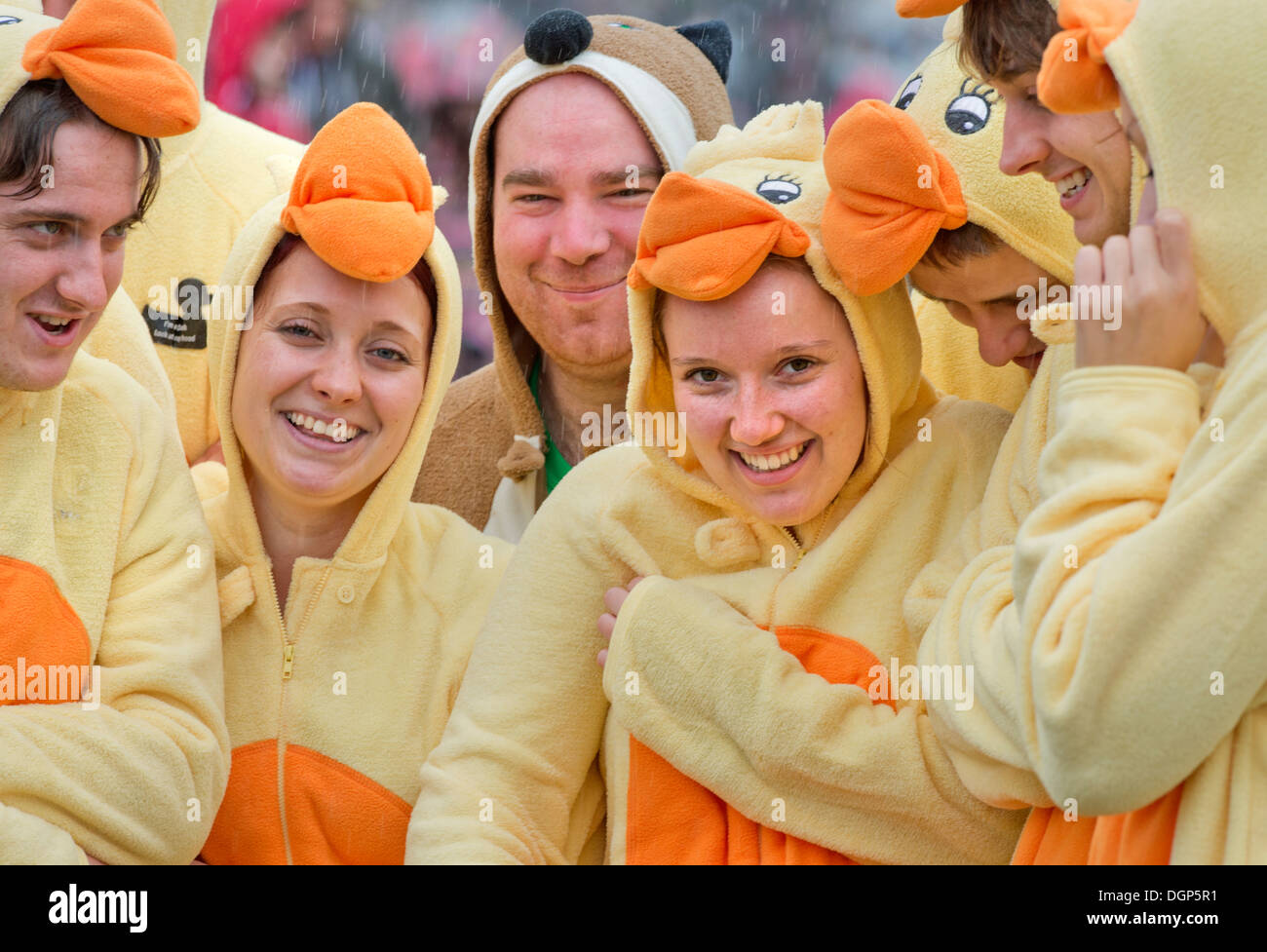 The Reading Festival - a group of friends dressed as chickens Aug 2013 Stock Photo