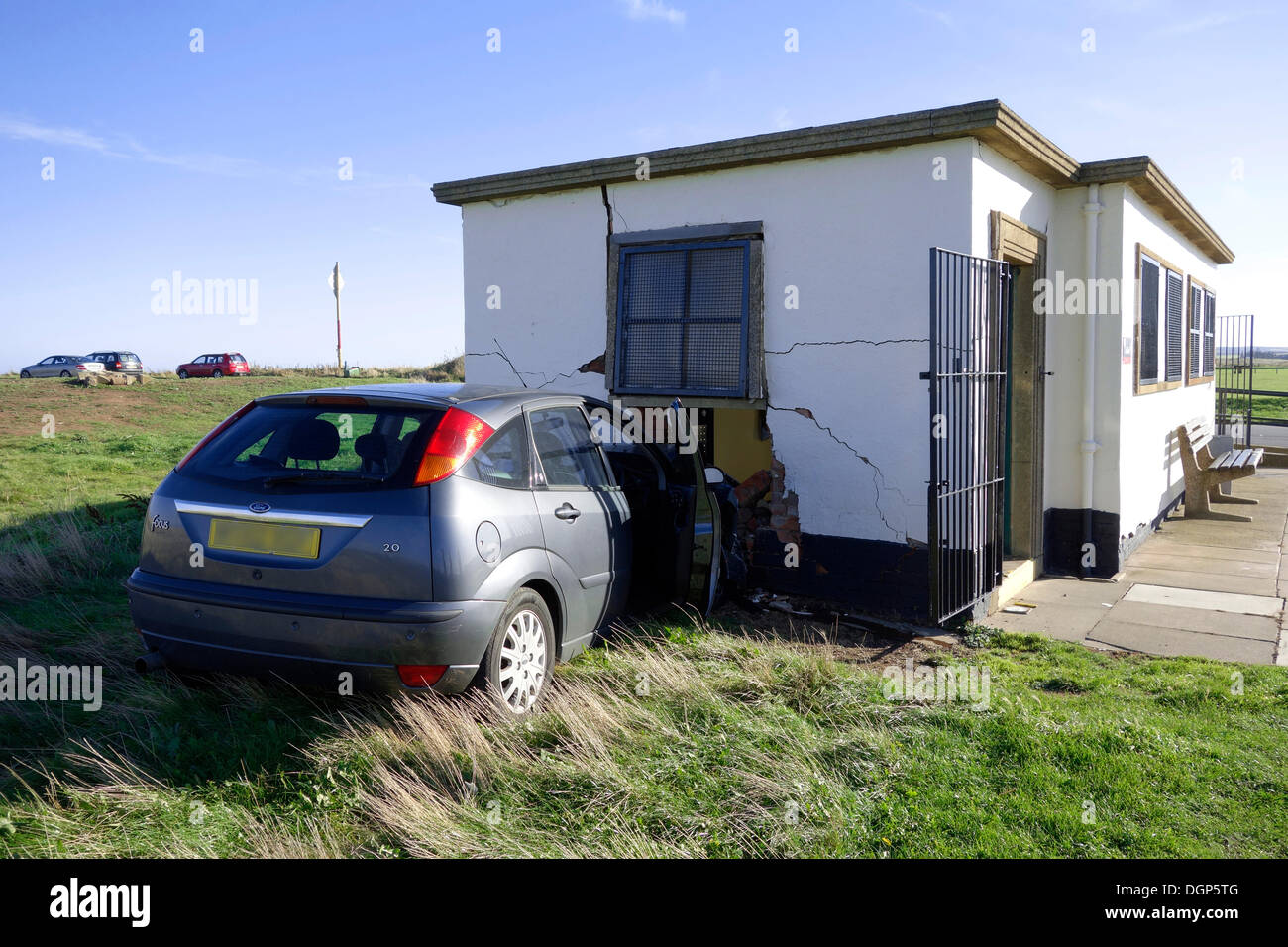 Redcar and Cleveland, UK . 24th Oct, 2013. A  woman driver has driven her car off the road and collided with Public Toilet block severely damaging the car and the Building. The accident happed about 11.30 a.m. 24/10/2013 in bright clear weather Credit:  Peter Jordan NE/Alamy Live News Stock Photo