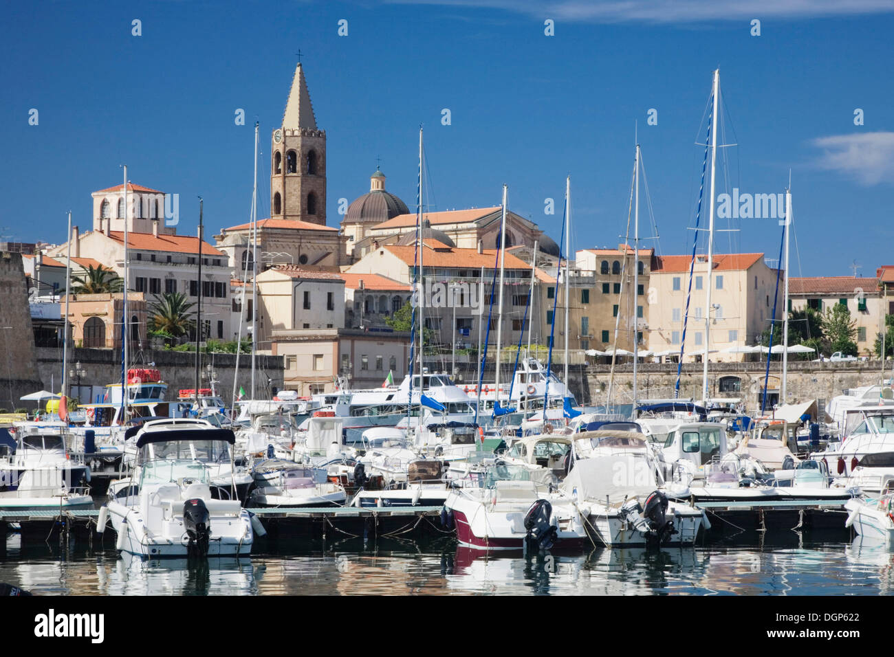 Port of Alghero, overlooking the historic town, Sassari Province, Sardinia, Italy, Europe Stock Photo