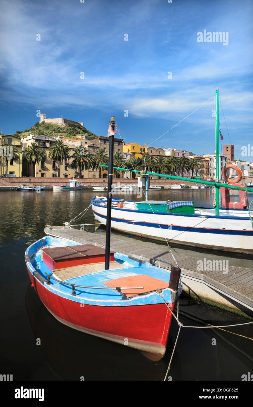 Fishing boat on the Temo River in Bosa, Oristano Province, Sardinia, Italy, Europe Stock Photo