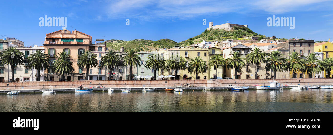 Bosa on the Temo River with a palm-lined promenade, Oristano Province, Sardinia, Italy, Europe Stock Photo