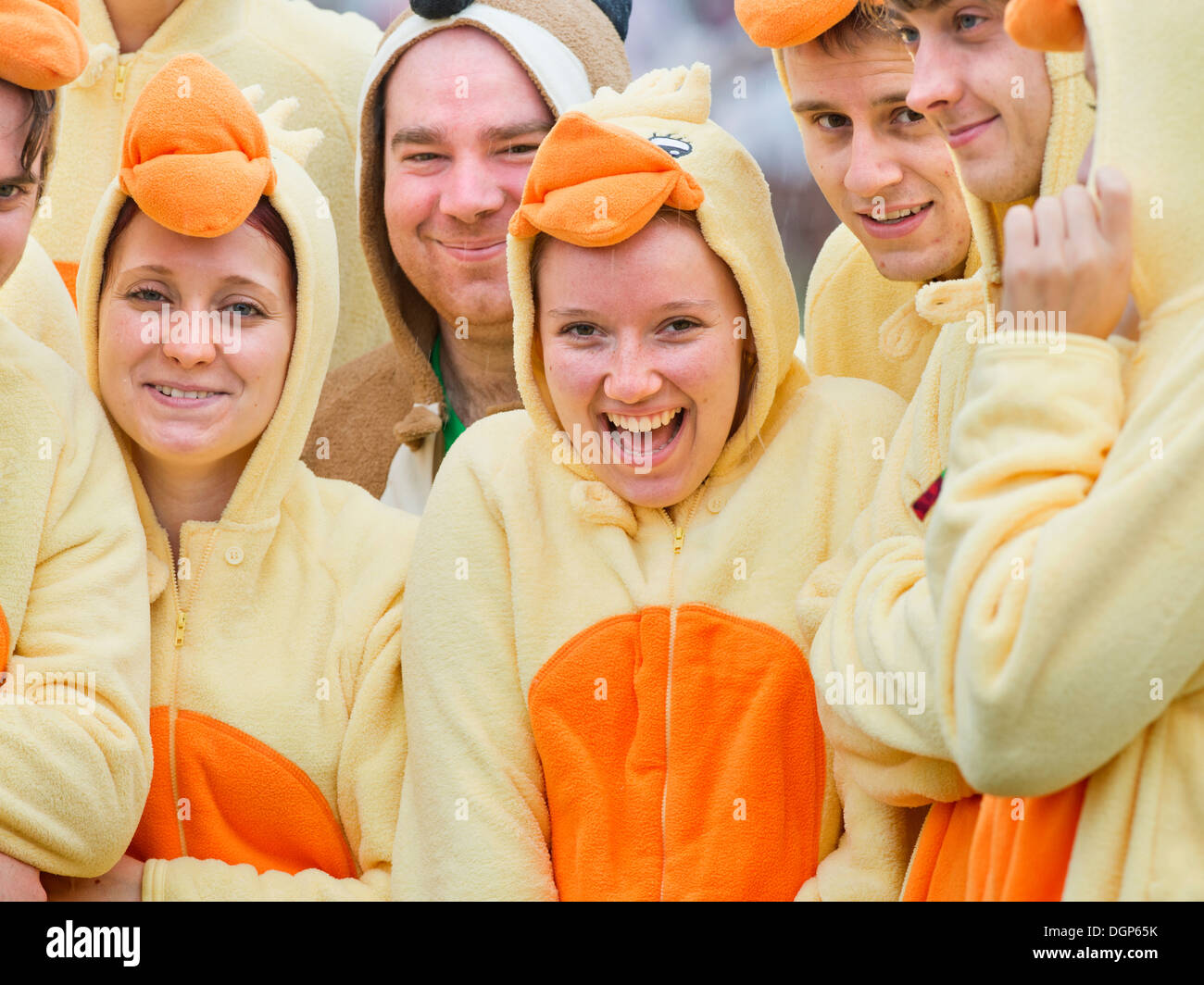 The Reading Festival - a group of friends dressed as chickens Aug 2013 Stock Photo