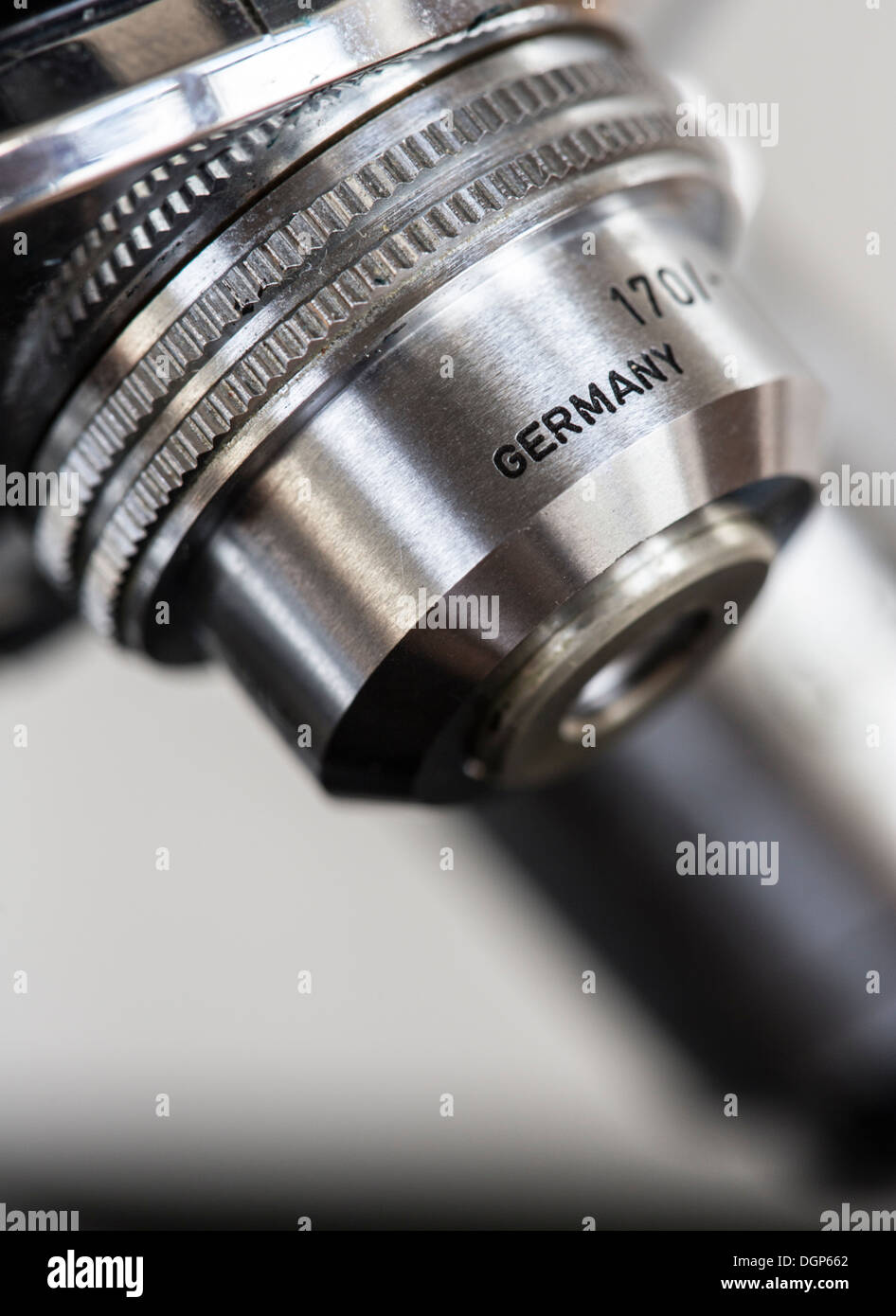Seal of quality Made in Germany at a microscope Stock Photo