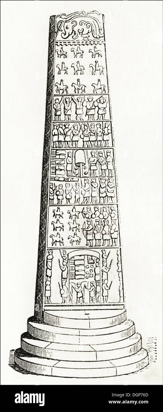 Anglo Saxon Britain. Sueno's Pillar standing stone 6.5 metres high at Forres Scotland. Victorian woodcut circa 1845. Stock Photo