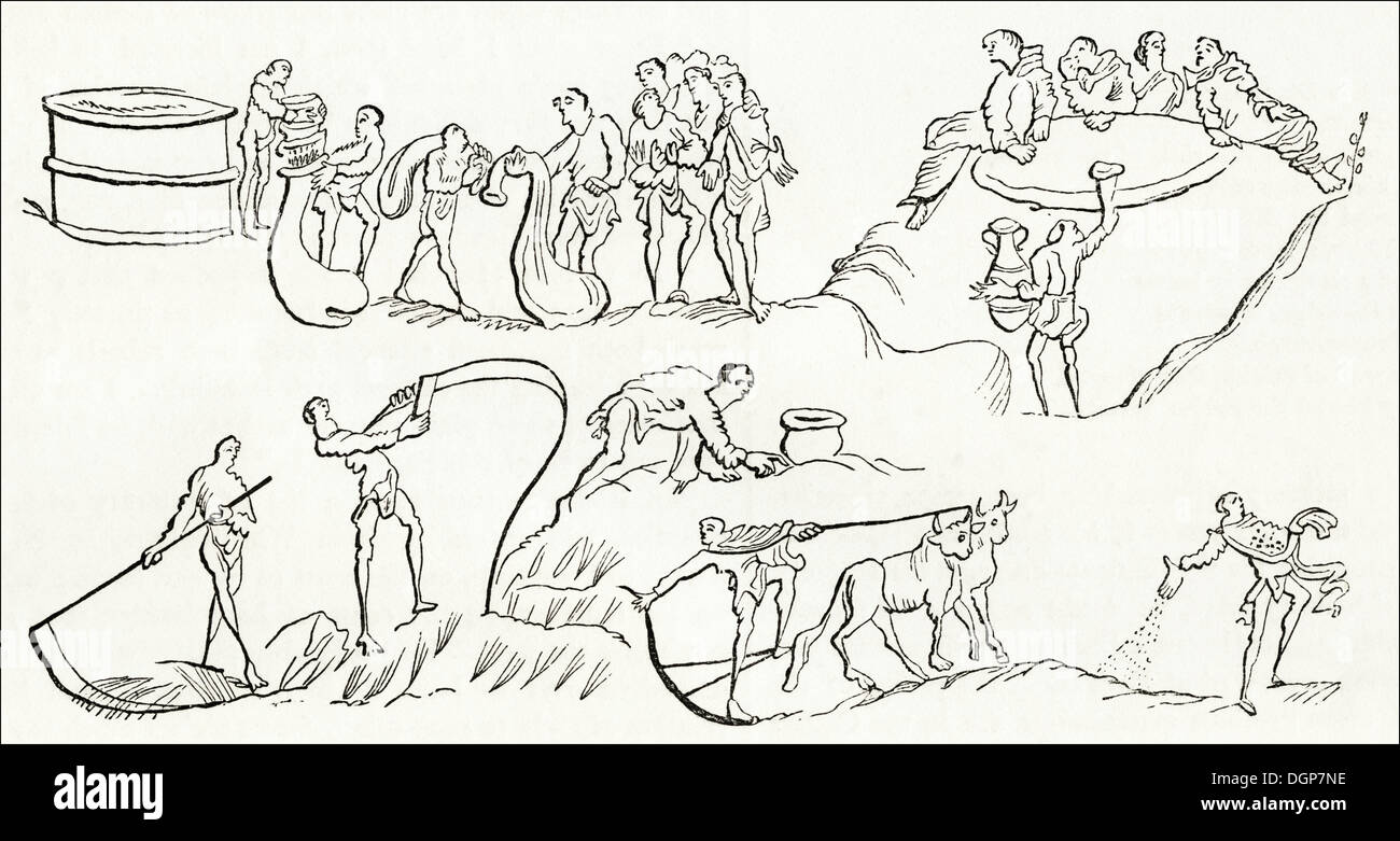 Anglo Saxon Britain. Daily life, ploughing, sowing, mowing, gleaning