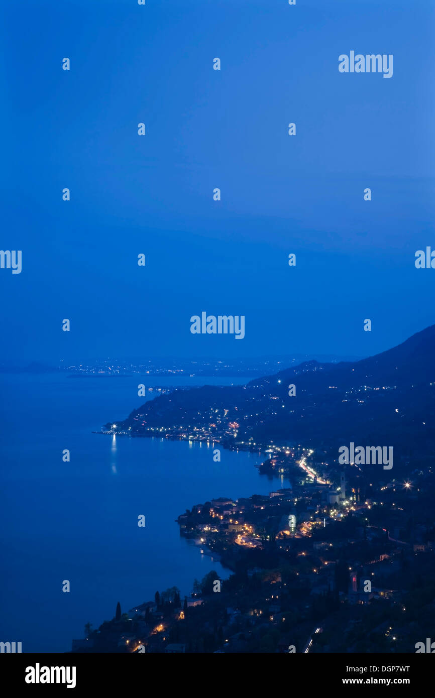 View of Gargnano at night, in the back Monte Pizzocolo, Lake Garda, Lombardy, Italy, Europe Stock Photo