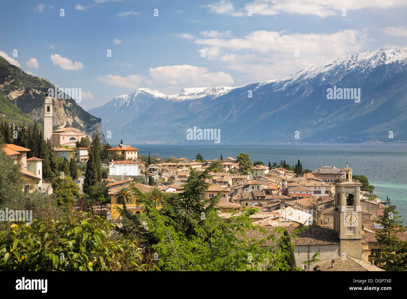 Gargnano on Lake Garda in front of the snowy peaks of Mount Baldo, Lombardy, Italy, Europe Stock Photo