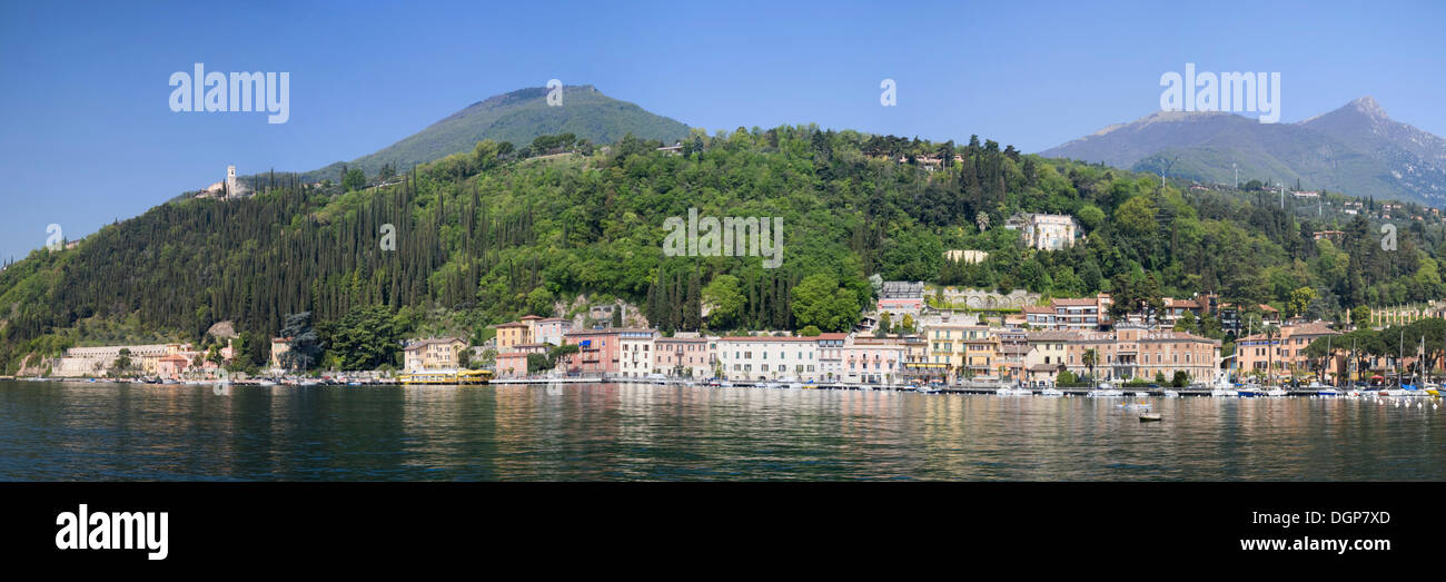 Port and cypress forest, Toscolano Maderno, Lake Garda, Lombardy, Italy, Europe Stock Photo