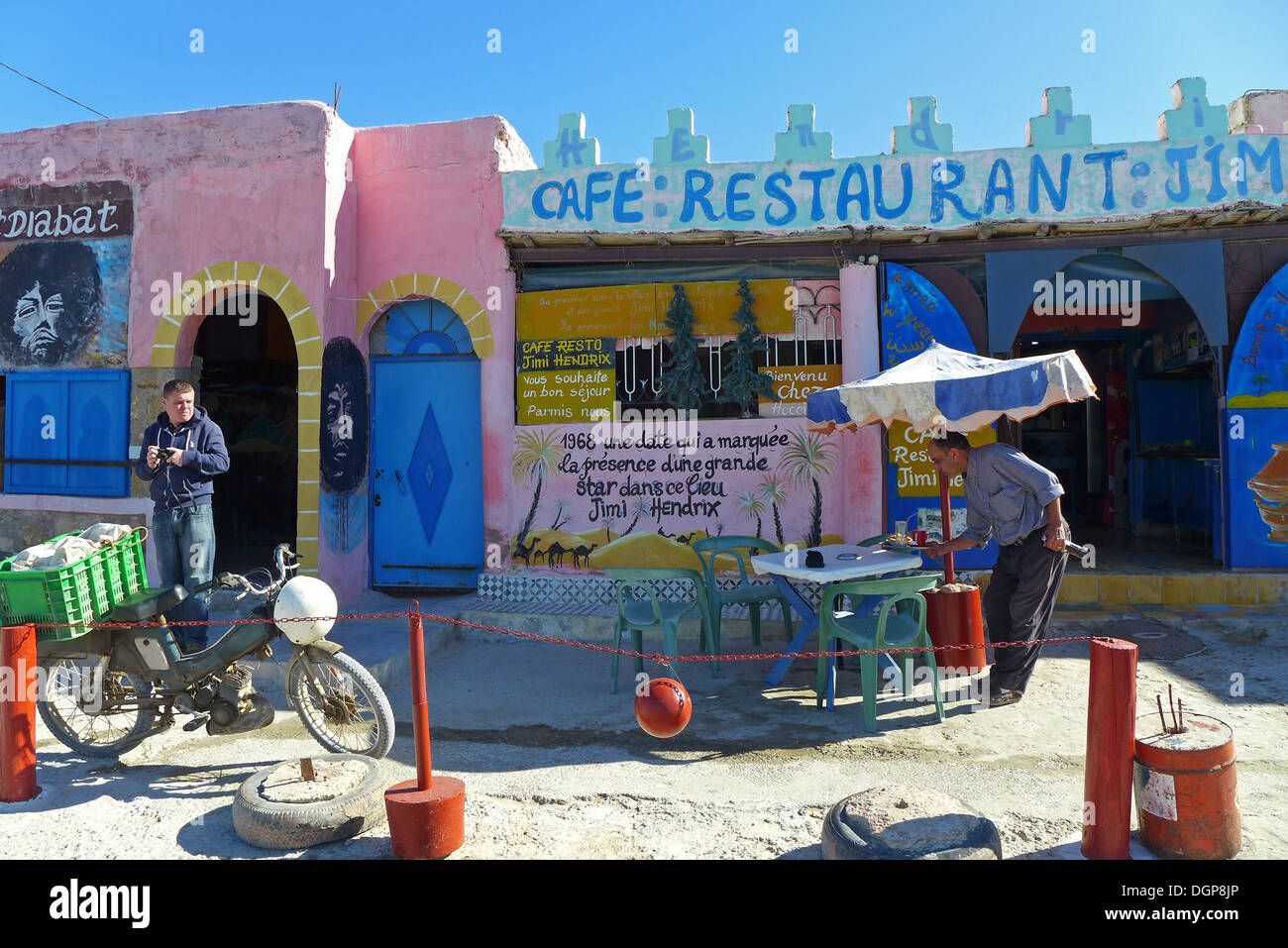 Morocco - Essaouira Cafe frequented by Jimi Hendrix in the 1960s, at Diabat. Stock Photo