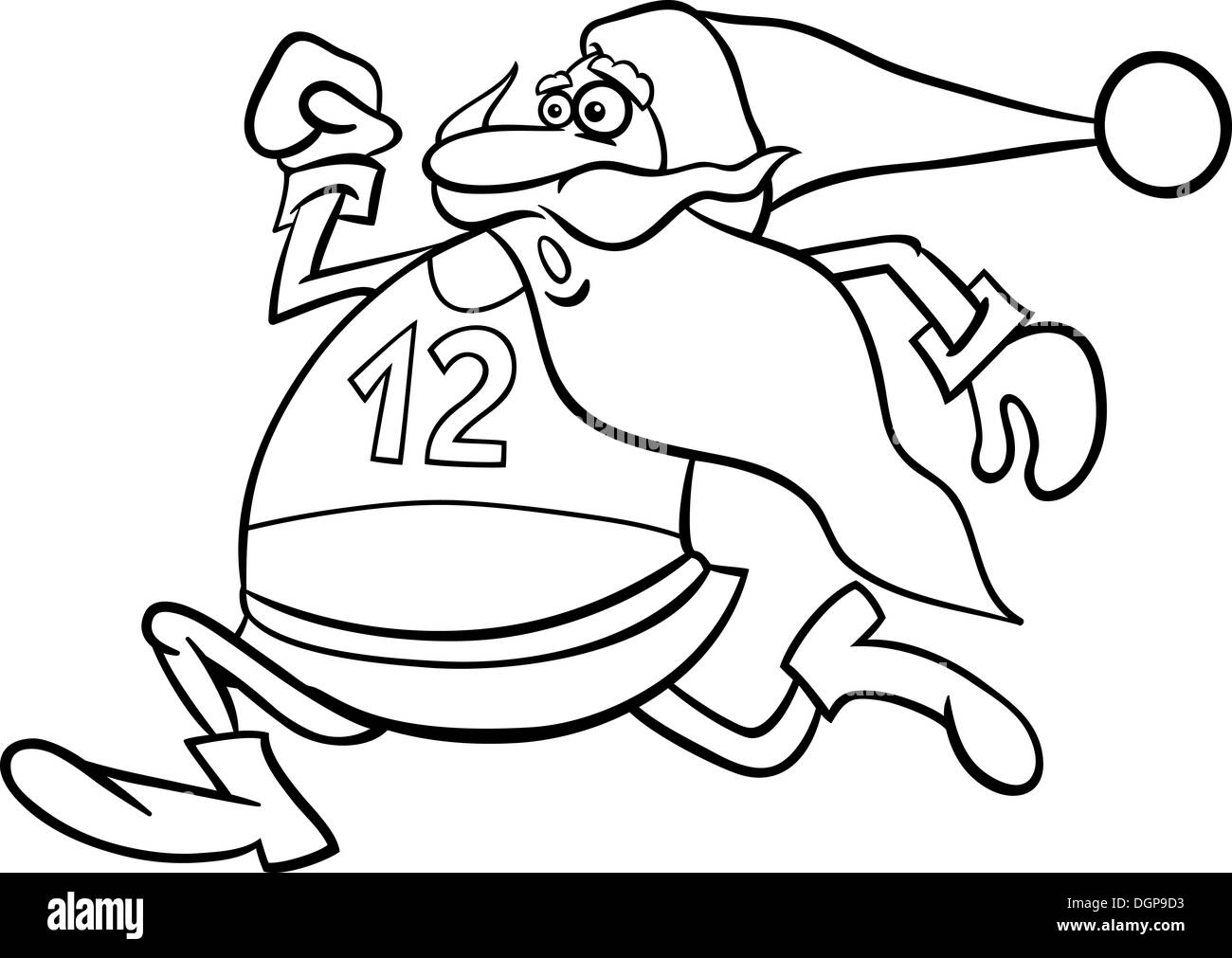 Black and White Cartoon Illustration of Funny Running Santa Claus Character for Coloring Book Stock Photo